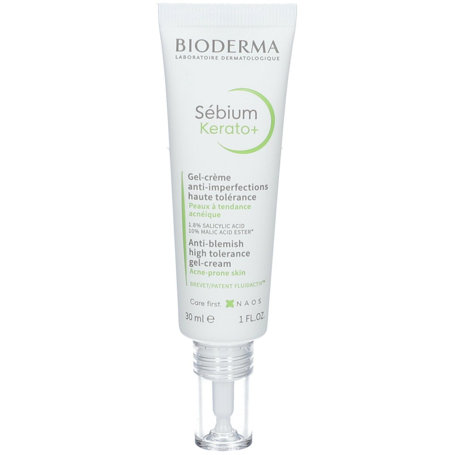 Weiße Tube mit grünem Deckel. Aufschrift: Bioderma Sébium Kerato+. Gel-Creme gegen Unreinheiten, 30 ml.