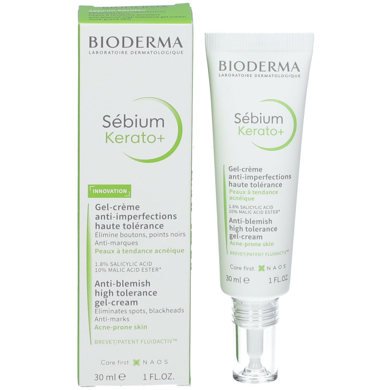 Produktverpackung und Tube. Karton: Bioderma Sébium Kerato+. Tube: 30 ml.