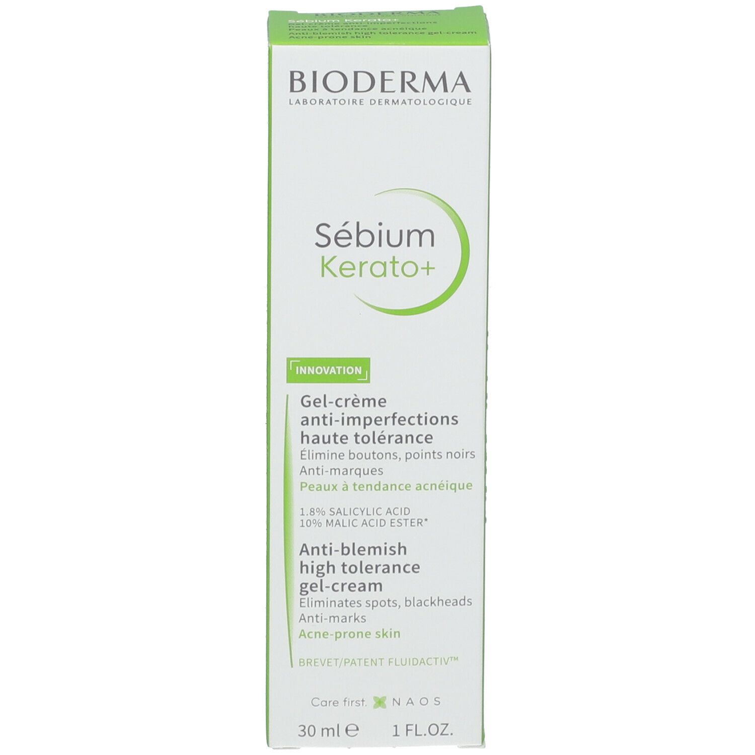 Produktverpackung. Karton: Bioderma Sébium Kerato+. Grün-weiß. Text in mehreren Sprachen.