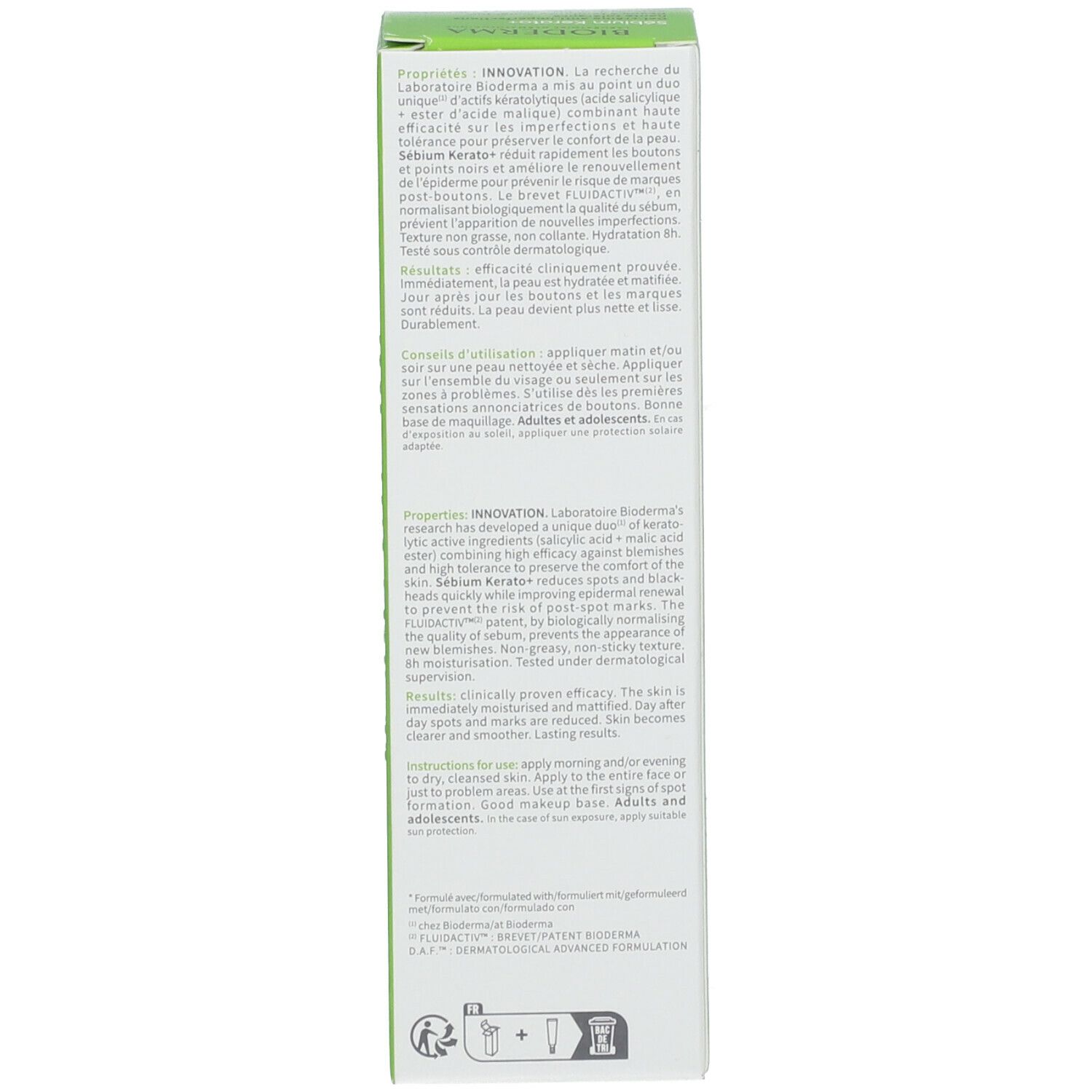 Seitenansicht der Produktverpackung. Text in mehreren Sprachen. Anwendungshinweise.