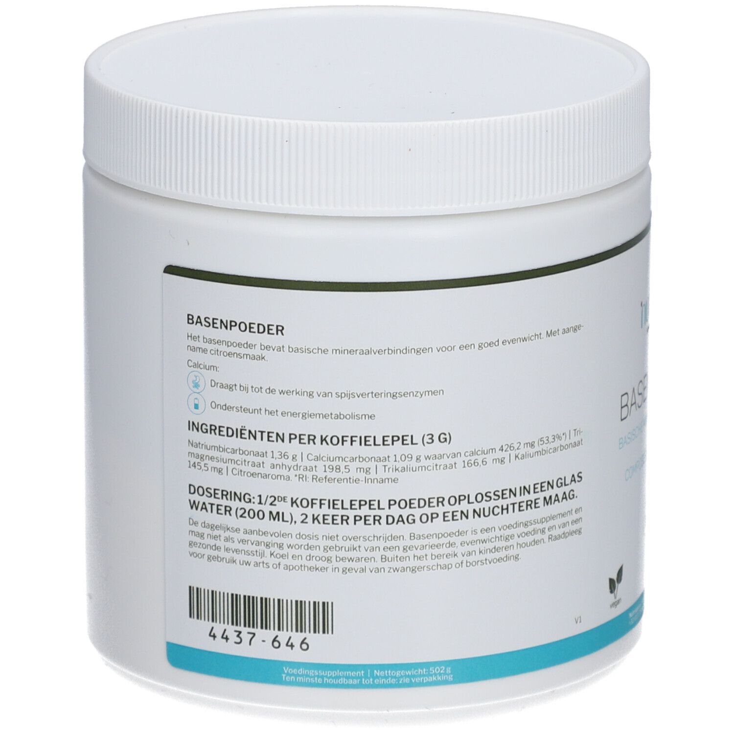 Rückseite des weißen Produktgefäßes. Text: Basenpoeder, Inhaltsstoffe, Dosierung. Enthält Natriumbicarbonat, Calcium, Magnesium, Kalium.