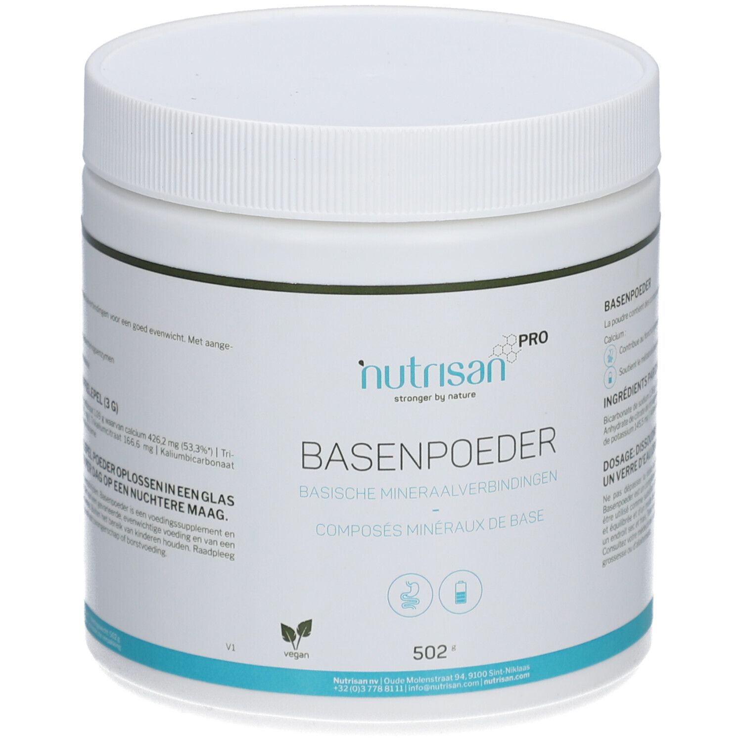 Weißes, zylindrisches Produktgefäß mit Schraubverschluss. Aufschrift: Nutrisan Pro, Basenpoeder, vegan. Enthält Mineralstoffe.