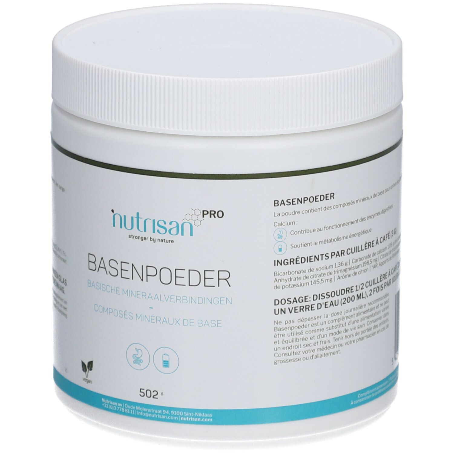 Weißes, zylindrisches Produktgefäß mit Schraubverschluss. Aufschrift: Nutrisan Pro, Basenpoeder, vegan. Enthält Mineralstoffe.