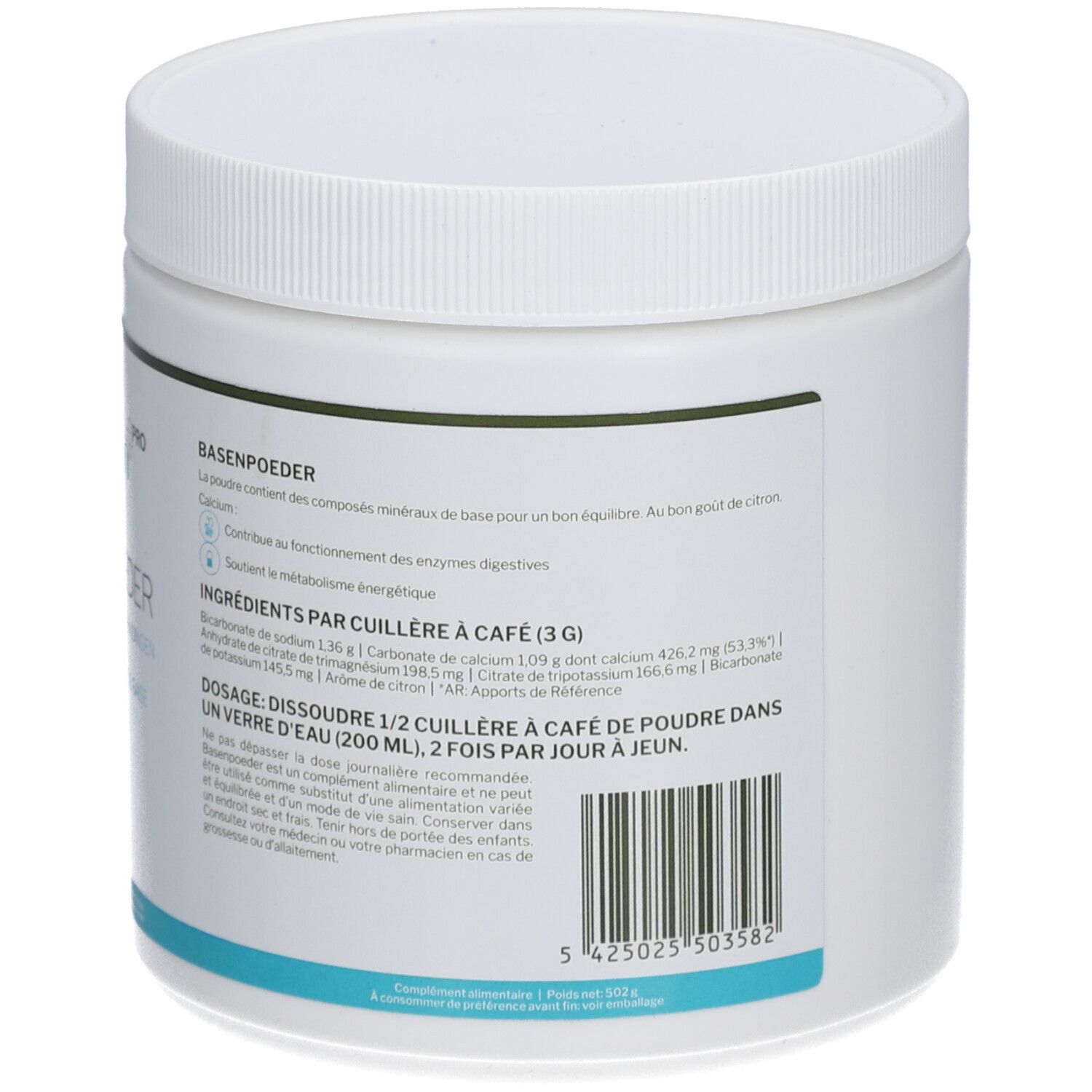 Rückseite des weißen Produktgefäßes. Text: Basenpoeder, Inhaltsstoffe, Dosierung. Enthält Natriumbicarbonat, Calcium, Magnesium, Kalium.