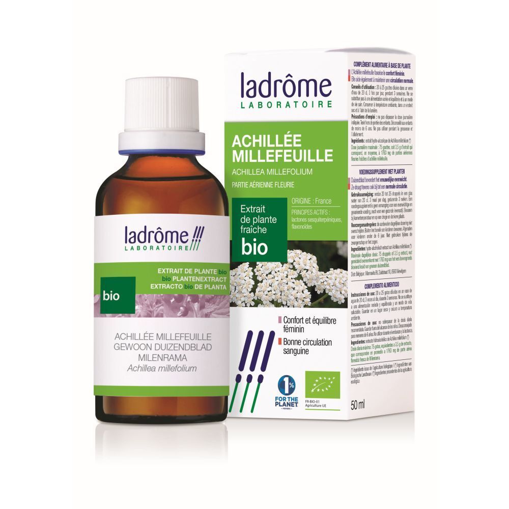 Braune Glasflasche mit weißem Deckel und Etikett. Daneben eine Schachtel mit Produktinformationen und Logo.