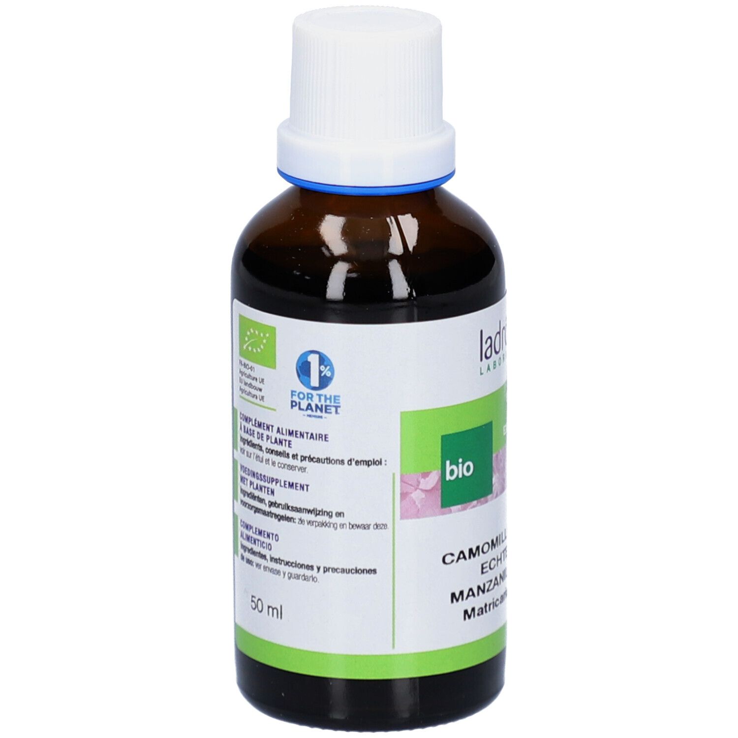 Braune Glasflasche mit weißem Deckel. Etikett mit Produktnamen, Bio-Siegel und 1% for the planet-Logo. 50 ml.