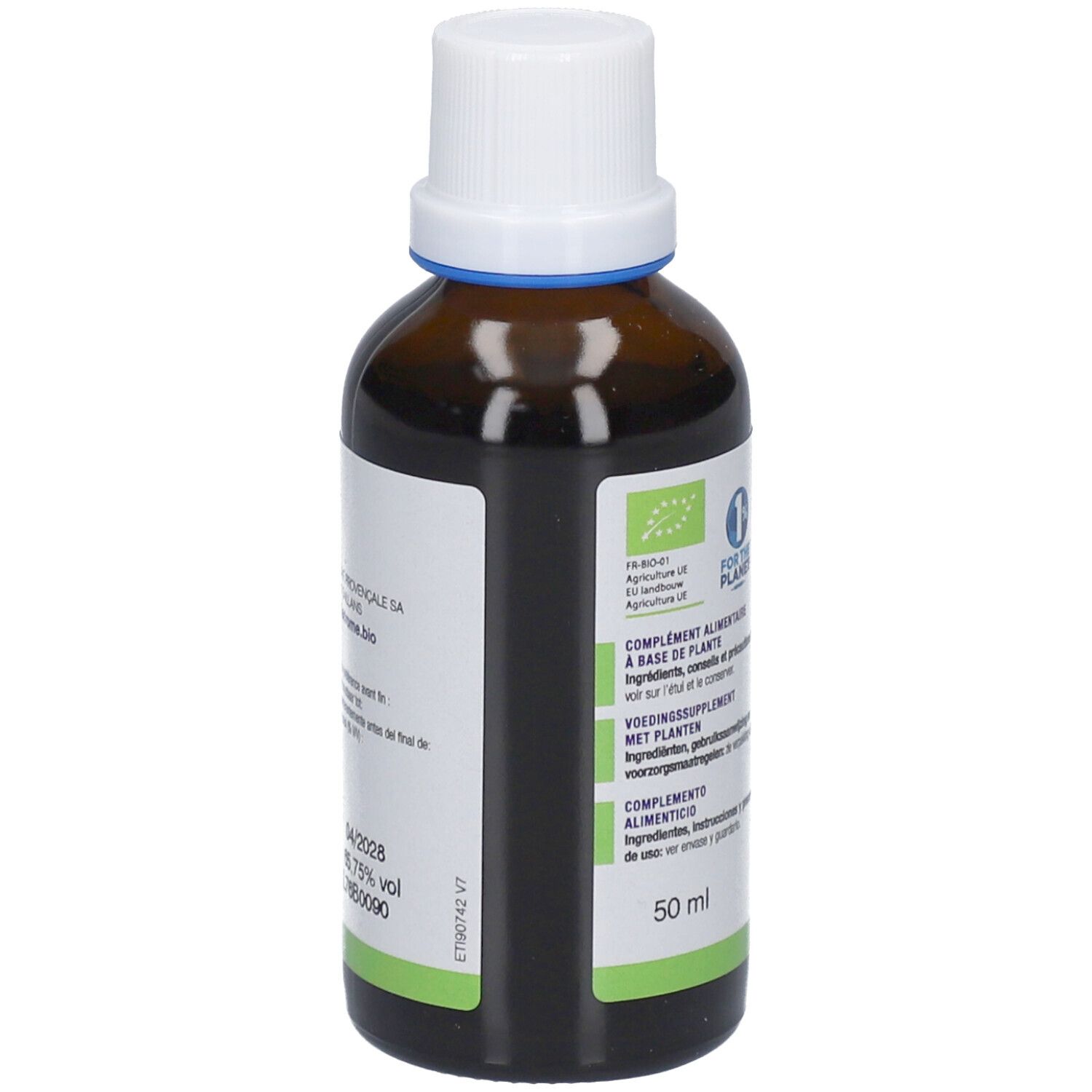 Rückseite einer braunen Glasflasche mit weißem Deckel. Etikett mit Text und 50 ml Volumenangabe.