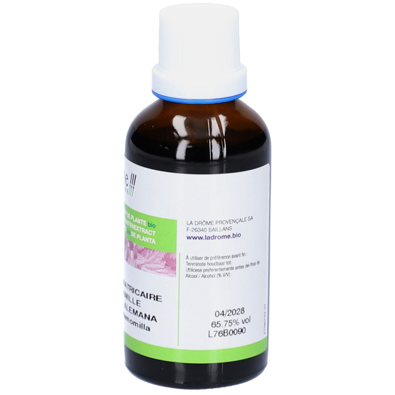 Rückseite einer braunen Glasflasche mit weißem Deckel. Etikett mit Text, Alkoholgehalt und Verfallsdatum.