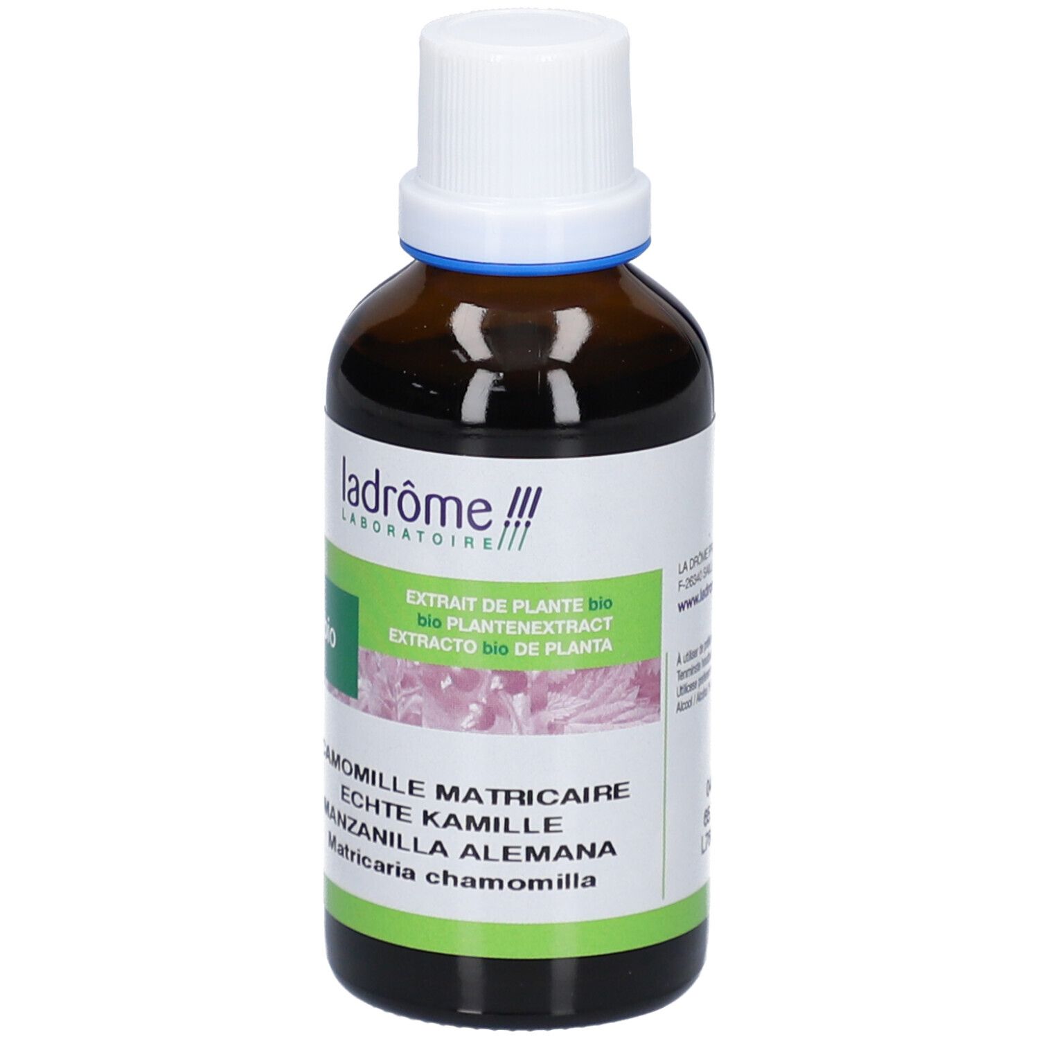 Braune Glasflasche mit weißem Deckel. Etikett mit Produktnamen, Bio-Siegel und Ladrôme-Logo.