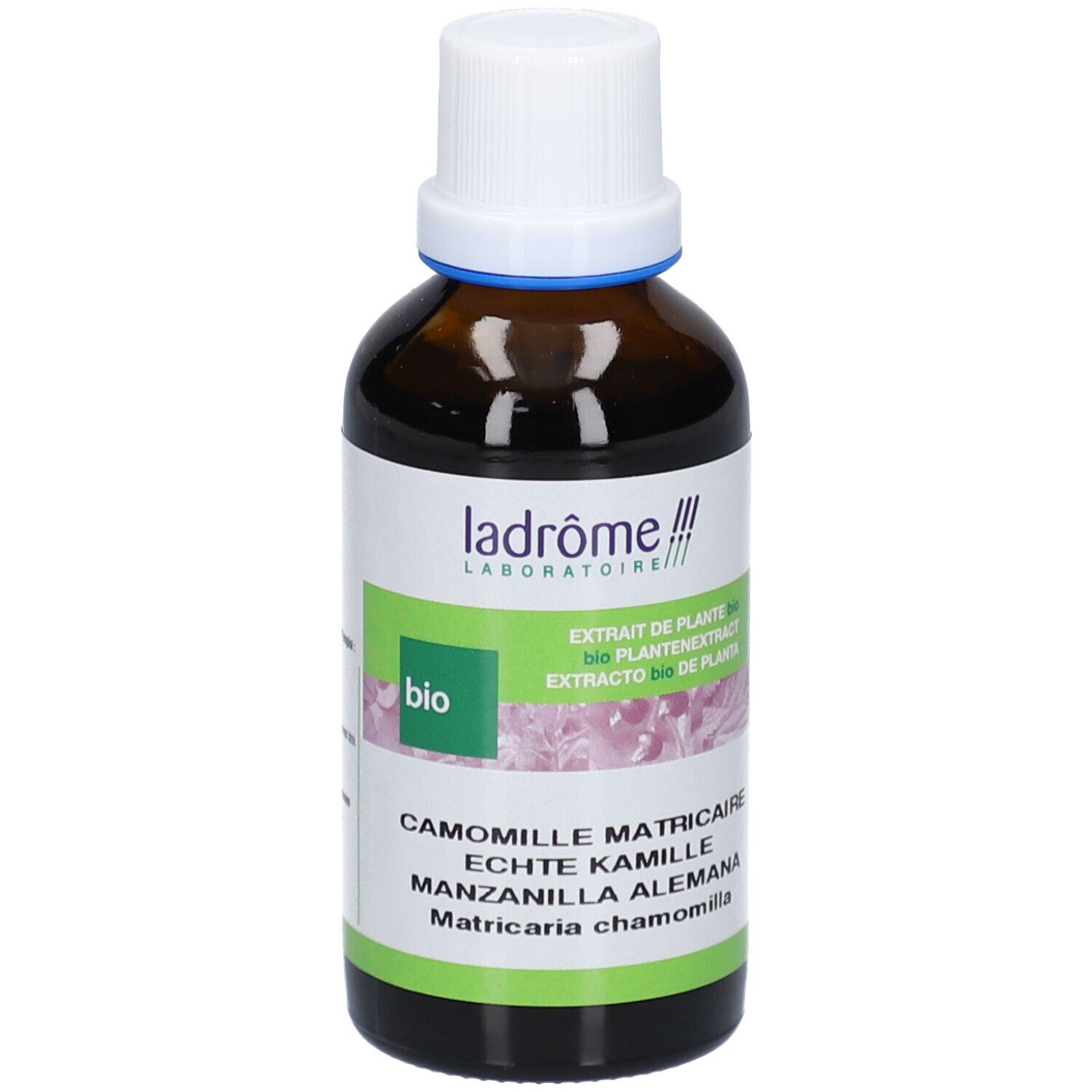 Braune Glasflasche mit weißem Deckel. Etikett mit Produktnamen, Bio-Siegel und Ladrôme-Logo.