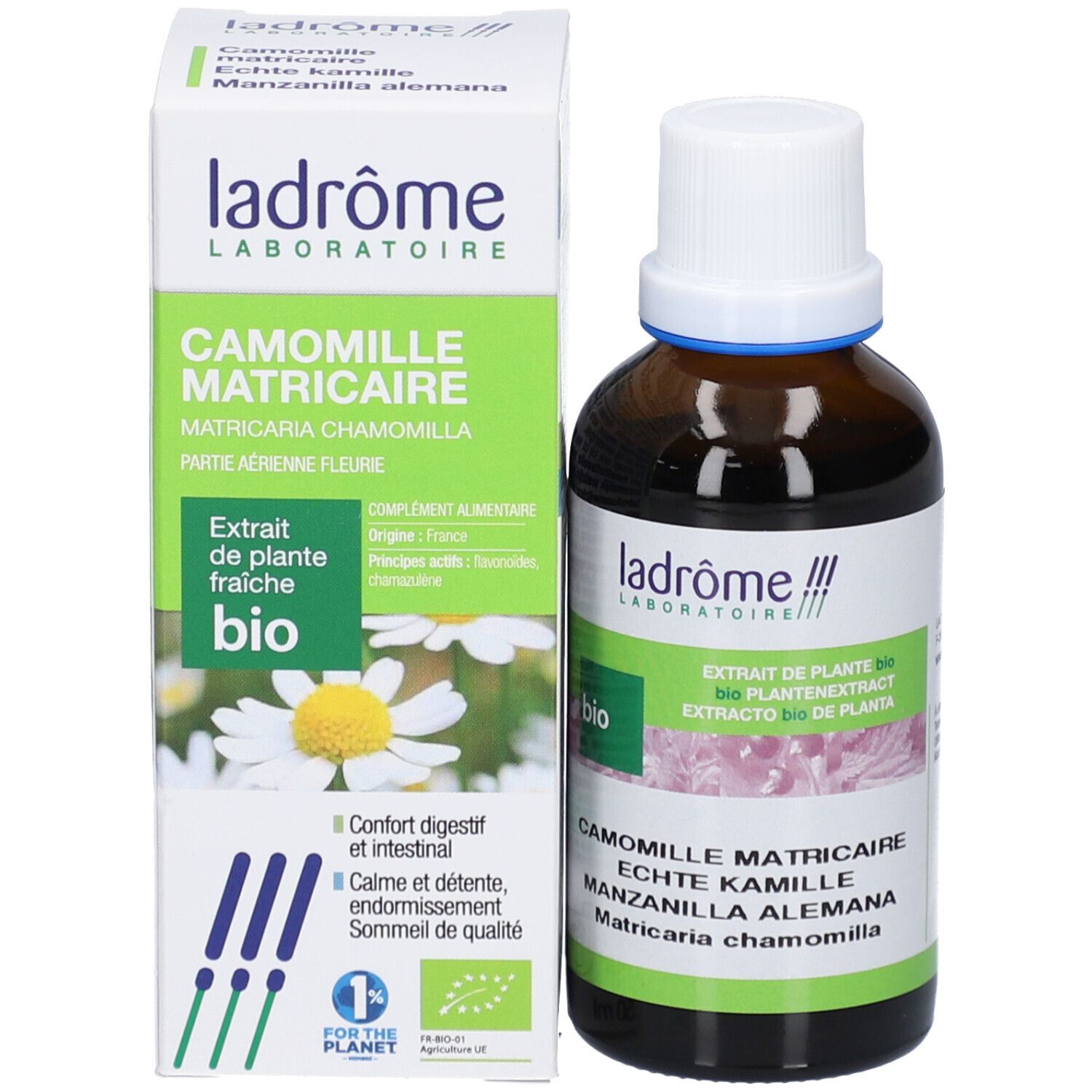 Produktflasche und Verpackung. Flasche mit weißem Deckel, Verpackung mit Produktnamen und Bio-Siegel.