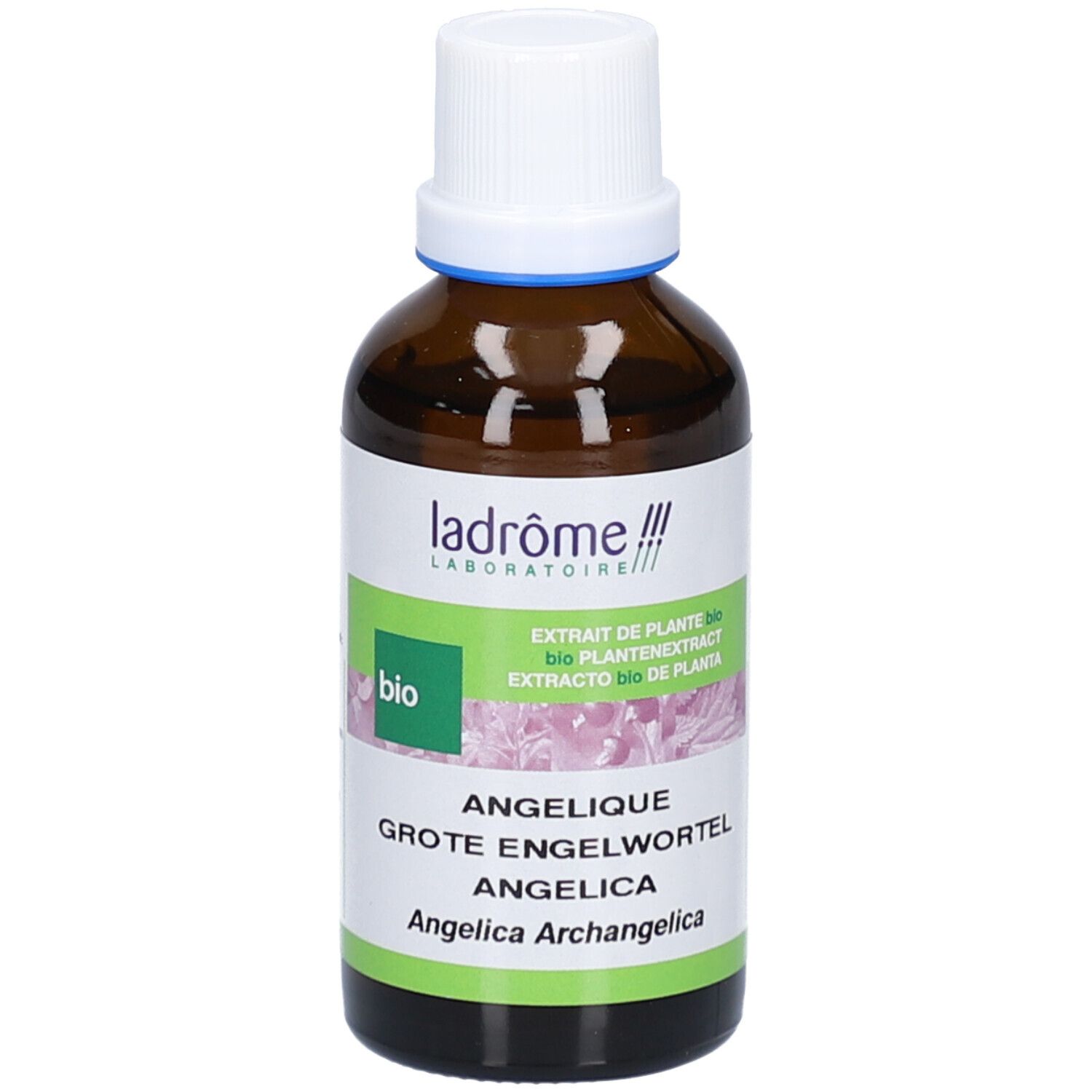 Braune Glasflasche mit weißem Deckel. Etikett mit Produktnamen, Marke und Bio-Siegel. Text in Deutsch, Französisch und Spanisch.