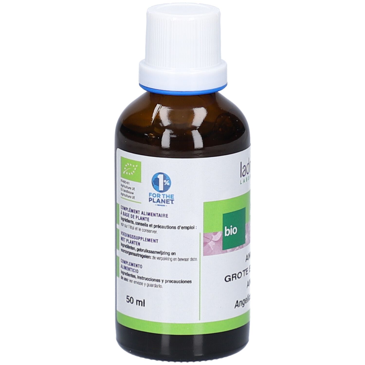 Braune Glasflasche mit weißem Deckel. Etikett mit Produktnamen, Marke, Bio-Siegel und EU-Bio-Logo. 50 ml.