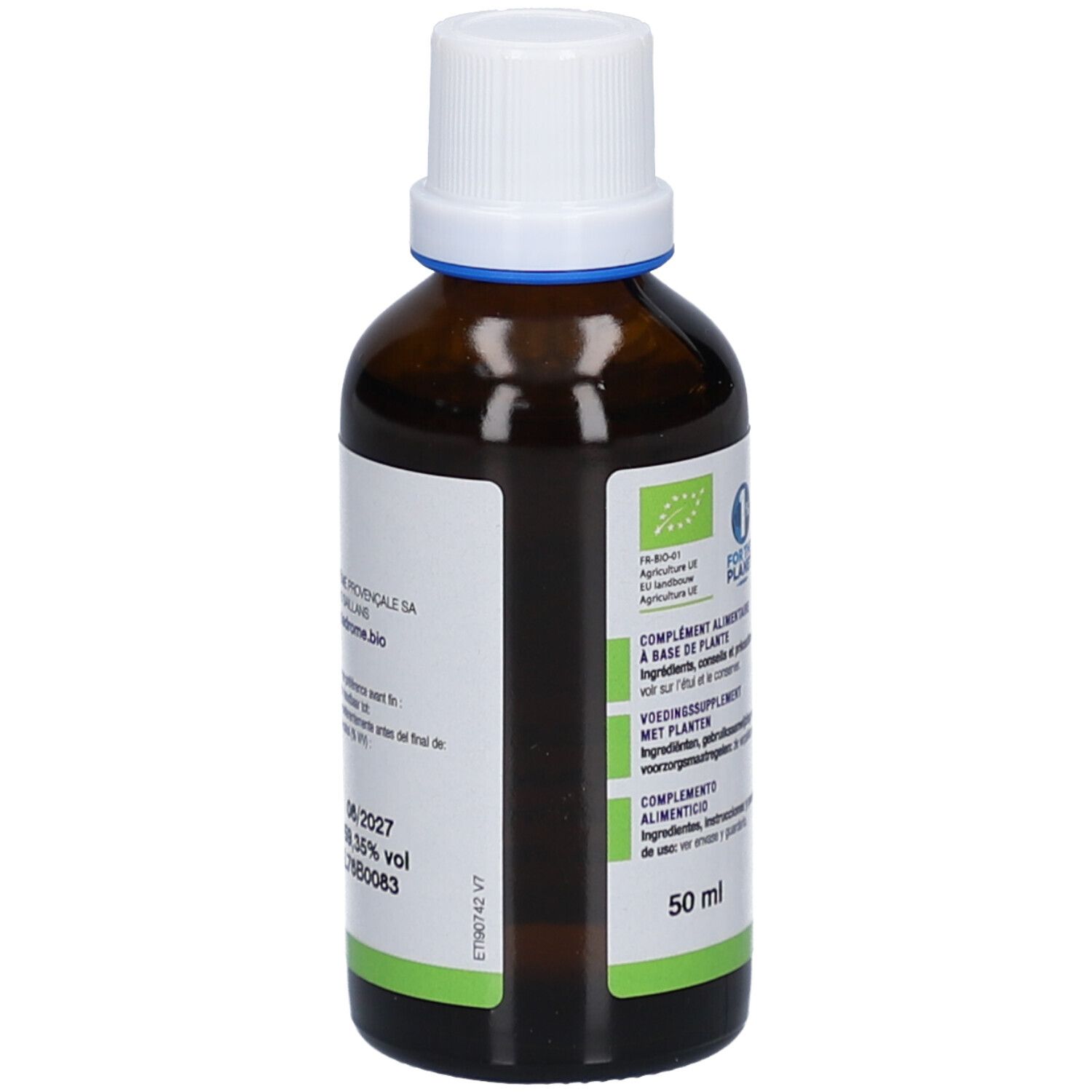 Braune Glasflasche mit weißem Deckel. Etikett mit Produktnamen, Marke, Bio-Siegel und EU-Bio-Logo. 50 ml.