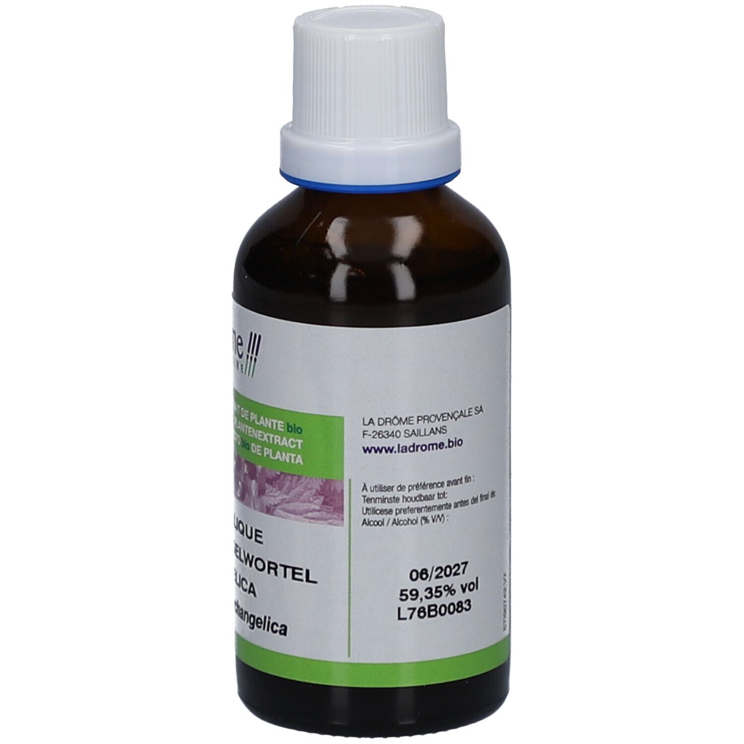 Braune Glasflasche mit weißem Deckel. Etikett mit Produktnamen, Marke, Bio-Siegel und EU-Bio-Logo. 50 ml, 59,35% vol.