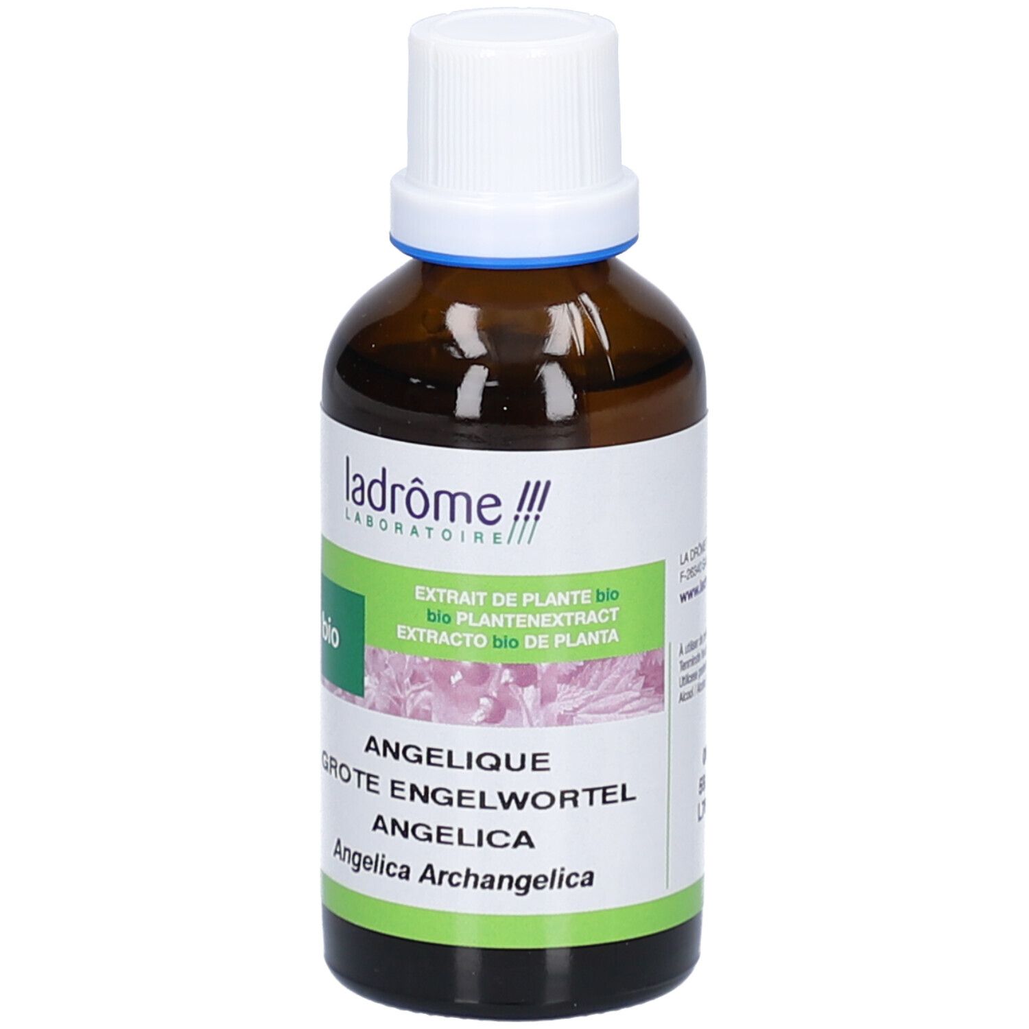 Braune Glasflasche mit weißem Deckel. Etikett mit Produktnamen, Marke und Bio-Siegel. Text in Deutsch, Französisch und Spanisch.