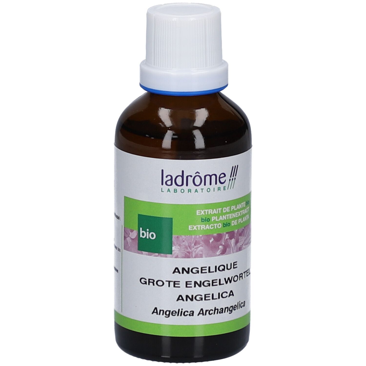 Braune Glasflasche mit weißem Deckel. Etikett mit Produktnamen, Marke und Bio-Siegel. Text in Deutsch, Französisch und Spanisch.