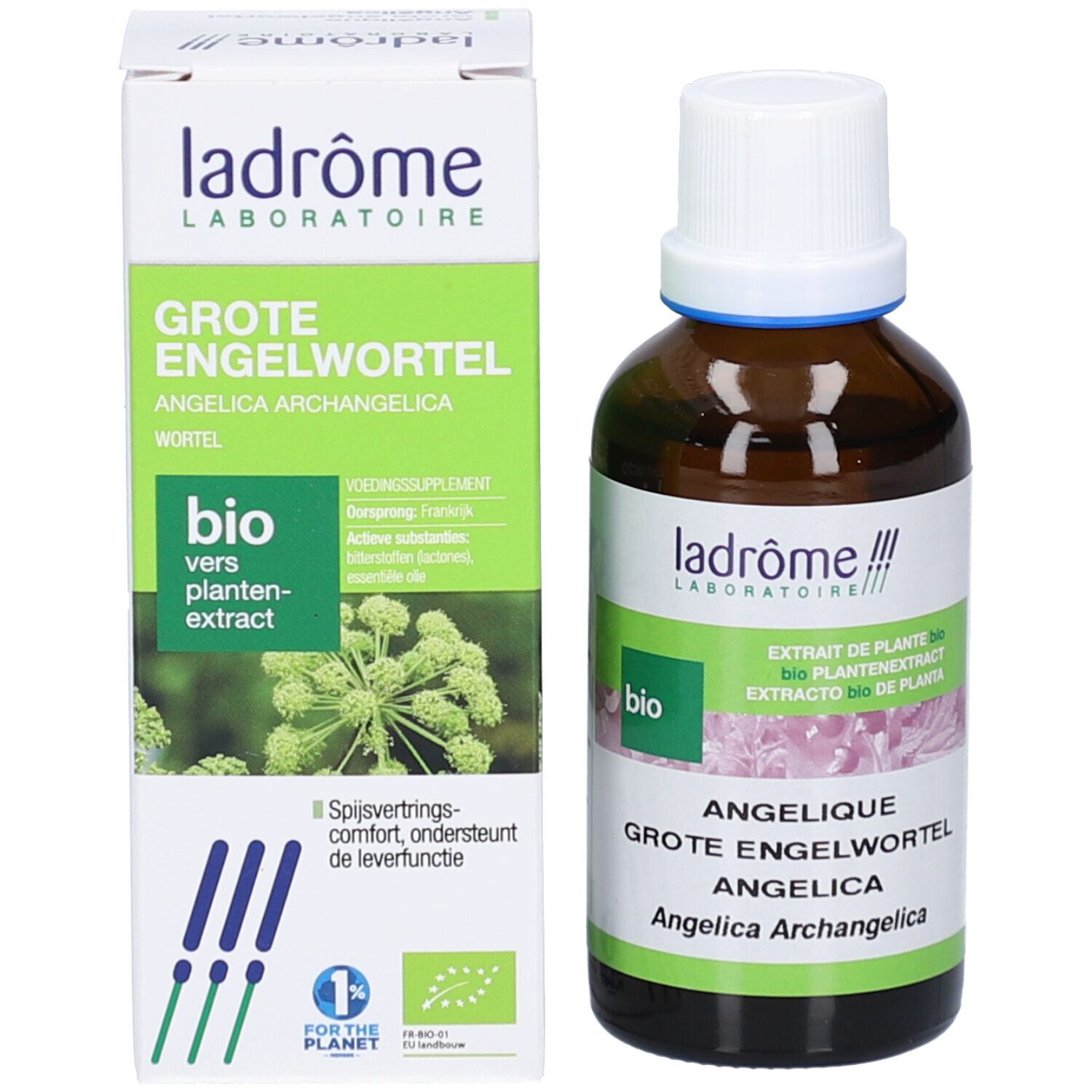 Produktflasche und Schachtel. Braune Glasflasche mit weißem Deckel. Grüne Schachtel mit Produktnamen, Marke und Bio-Siegel.