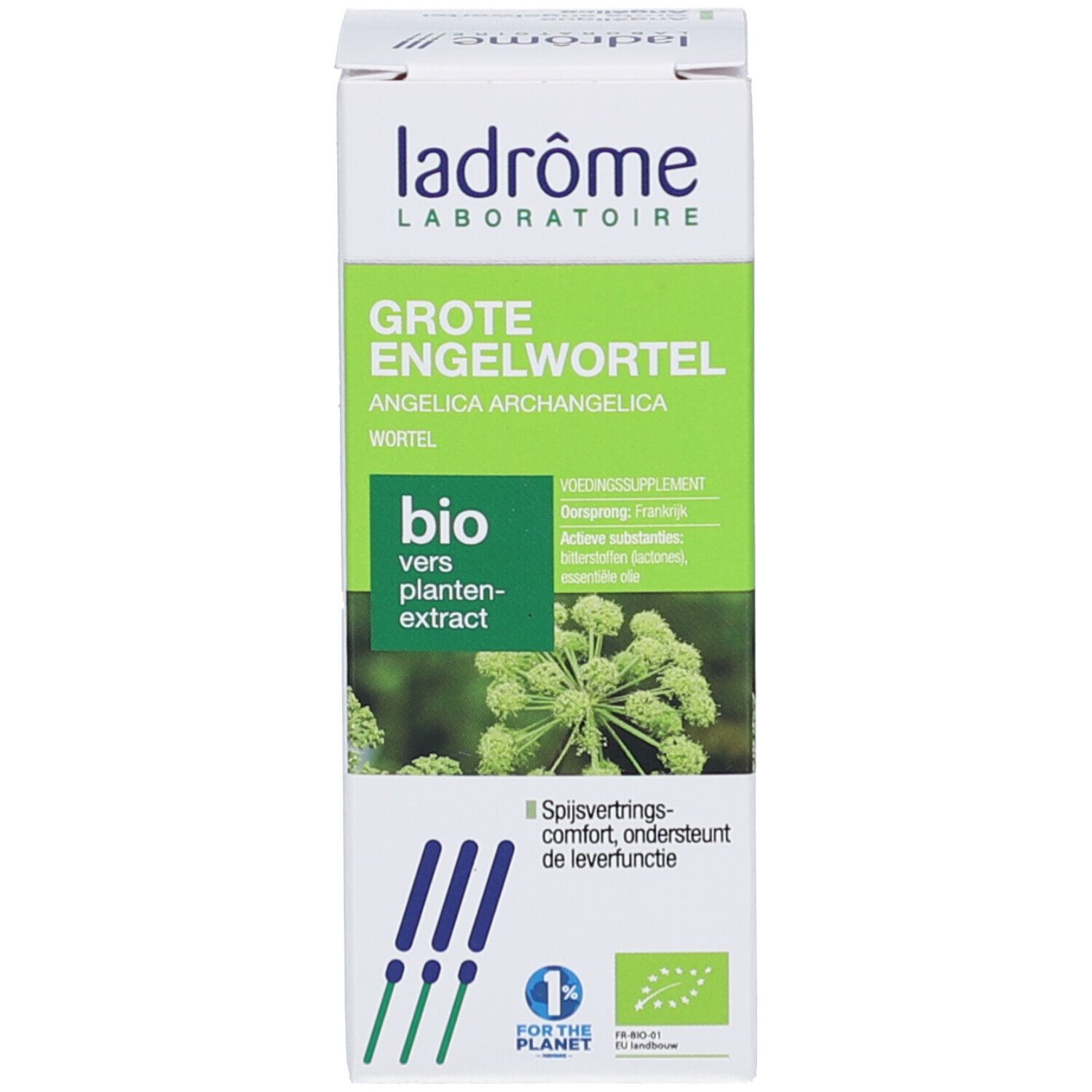 Grüne Schachtel mit Produktnamen, Marke und Bio-Siegel. Text in Deutsch, Französisch und Niederländisch.