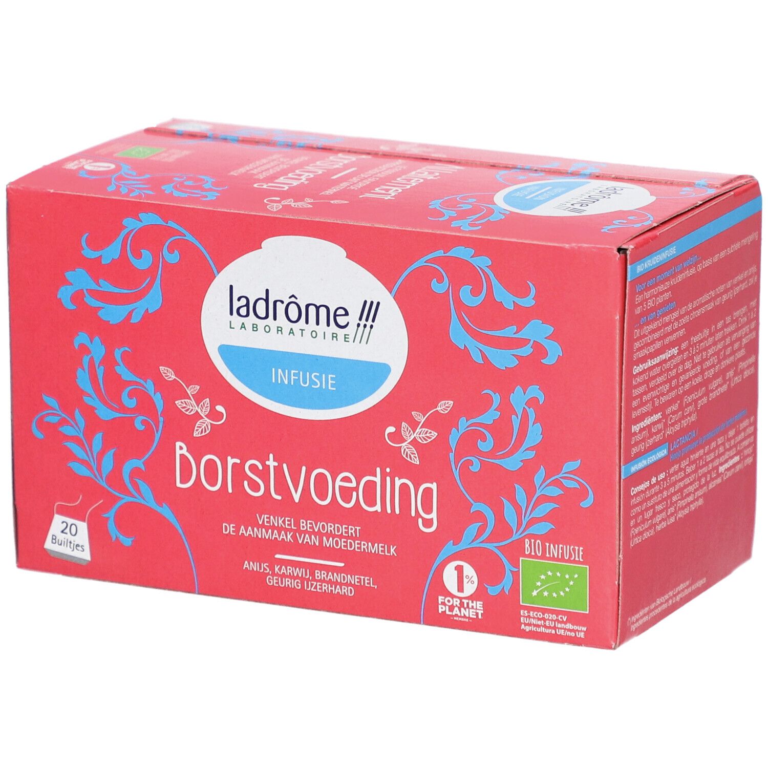 Rote Schachtel mit Aufschrift "Borstvoeding Infusie". Logo: Ladrôme Laboratoire. 20 Beutel. Bio-Siegel.