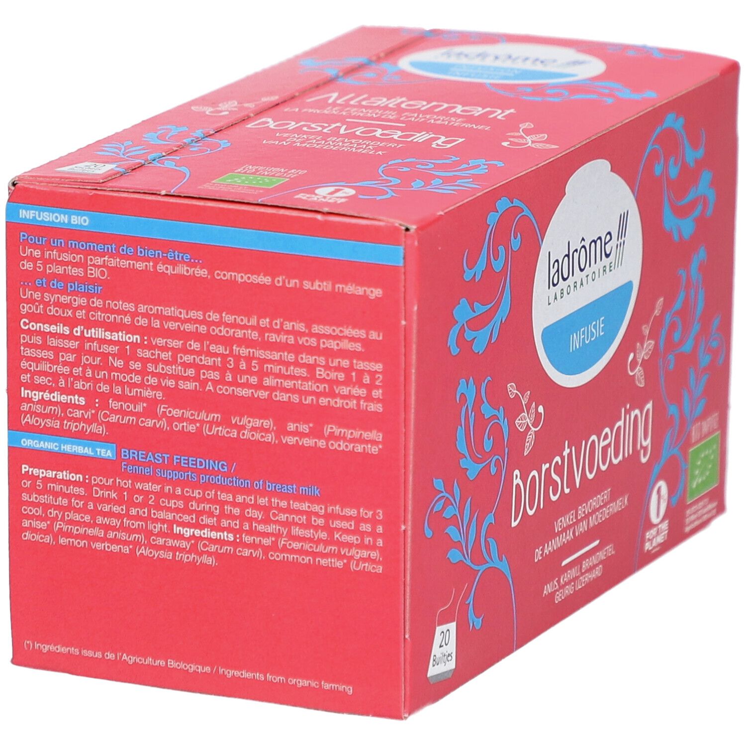 Rote Schachtel mit Aufschrift "Allaitement Borstvoeding". Logo Ladrôme Laboratoire. Text in Französisch und Niederländisch. Bio-Siegel.
