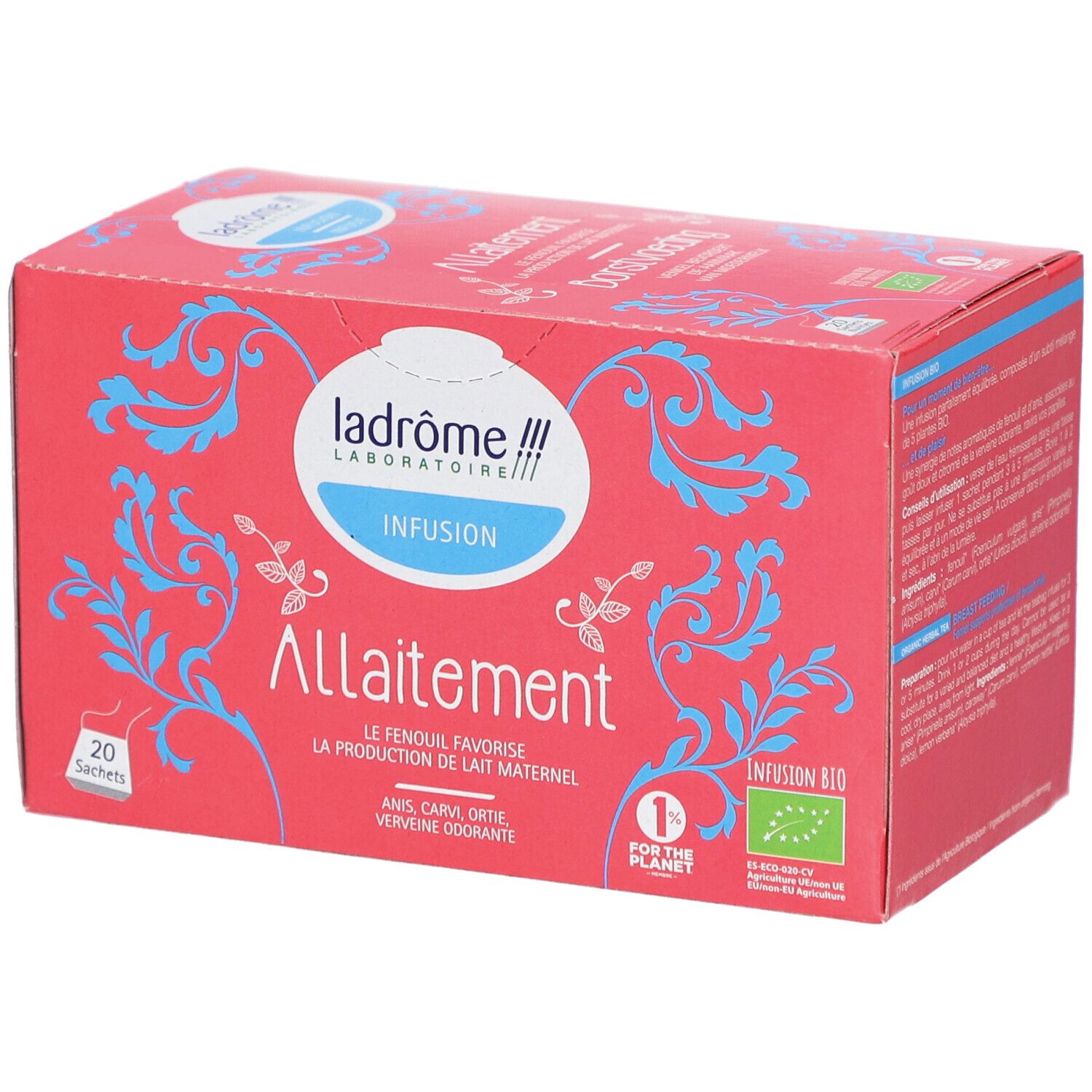 Rote Schachtel mit Aufschrift "Allaitement". Logo Ladrôme Laboratoire. 20 Beutel. Bio-Siegel.
