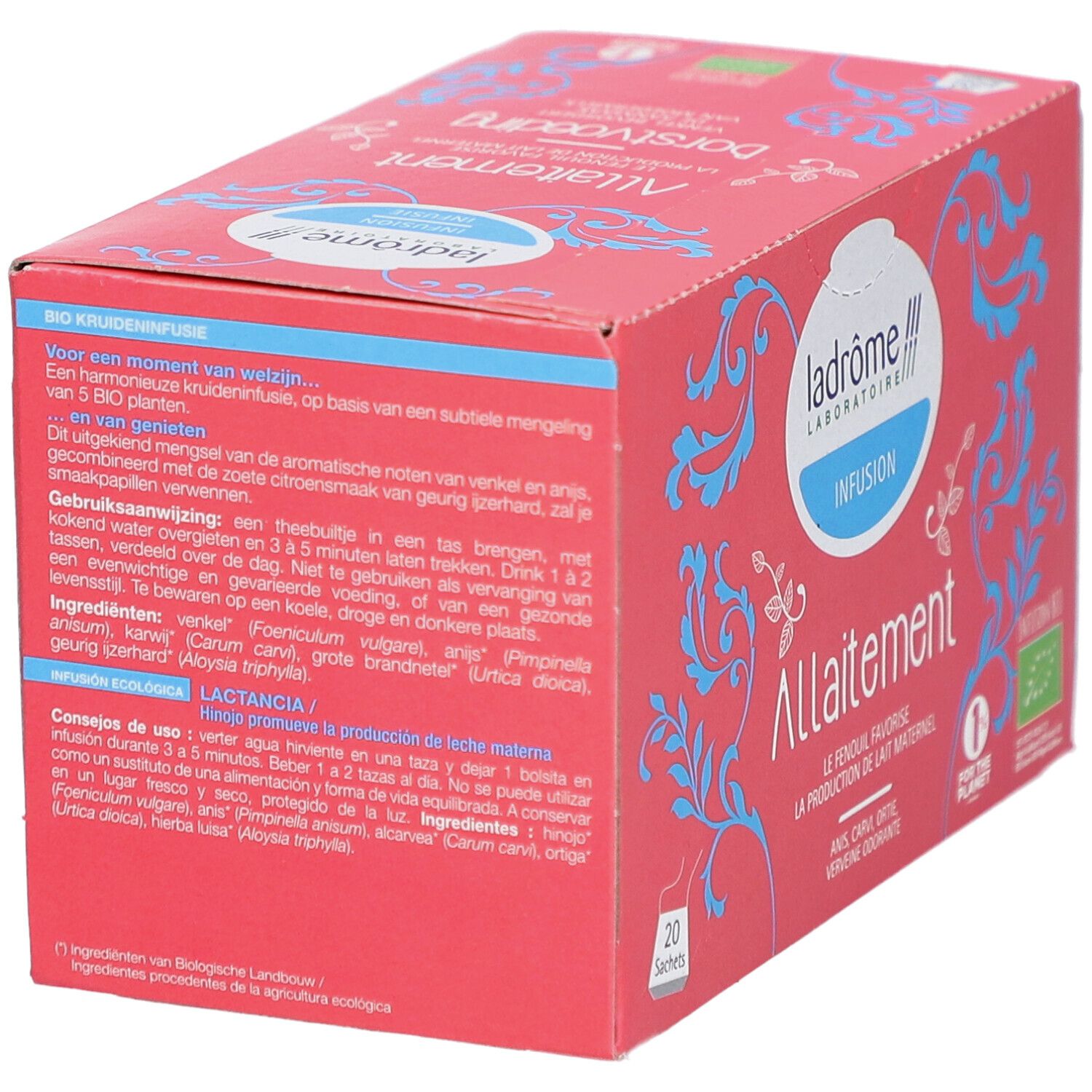 Rote Schachtel mit Aufschrift "Allaitement Borstvoeding". Logo Ladrôme. Text in Französisch und Niederländisch. Bio-Siegel.