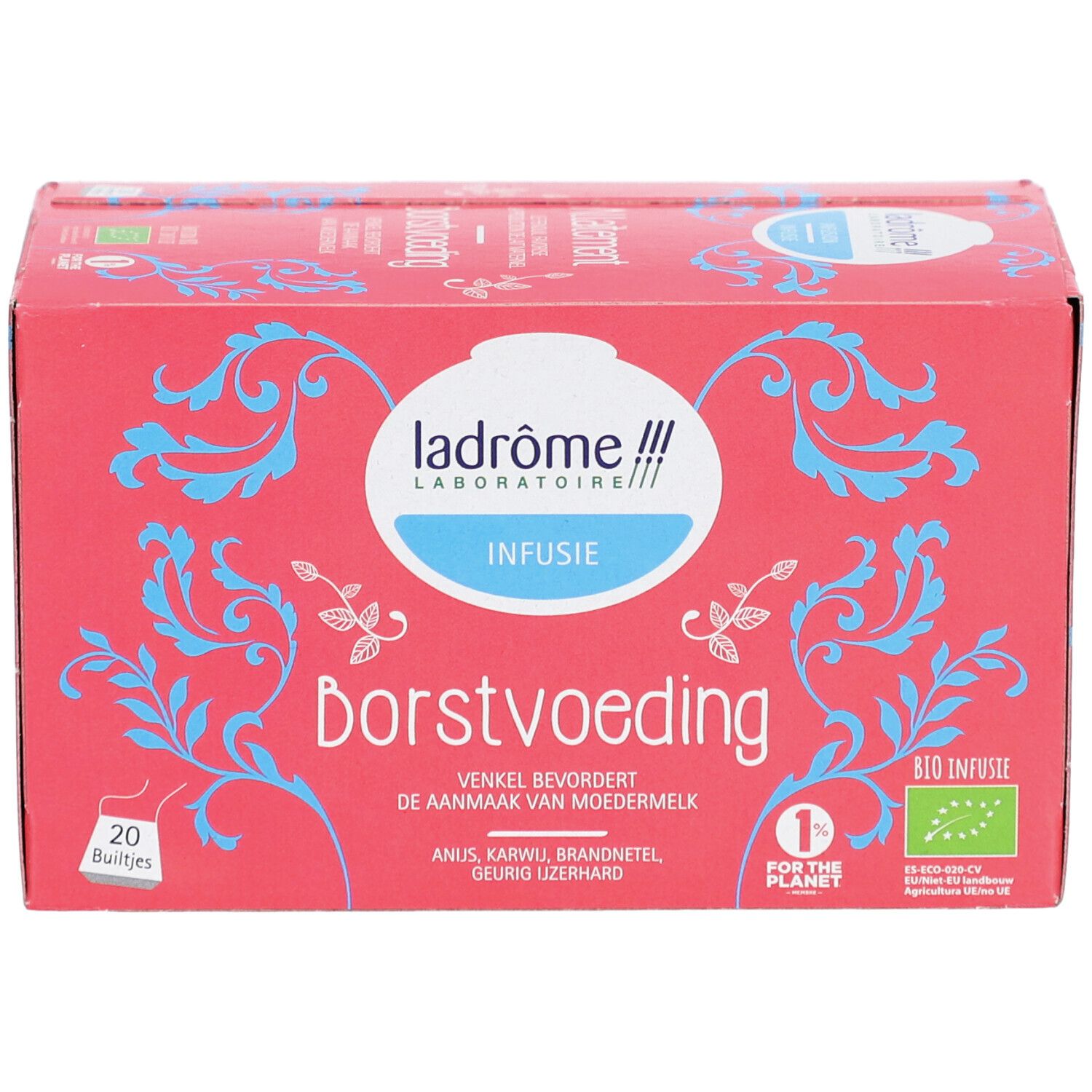 Rote Schachtel mit Aufschrift "Borstvoeding Infusie". Logo: Ladrôme Laboratoire. 20 Beutel. Bio-Siegel.