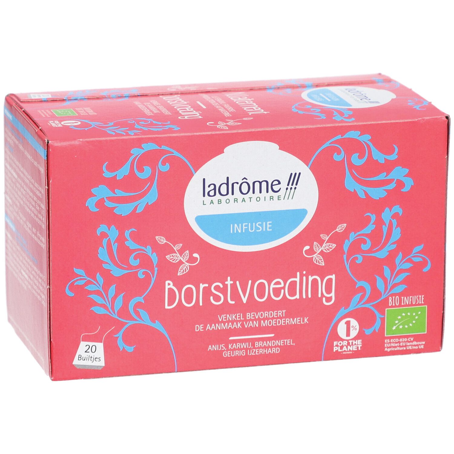 Rote Schachtel mit Aufschrift "Borstvoeding Infusie". Logo: Ladrôme Laboratoire. 20 Beutel. Bio-Siegel.