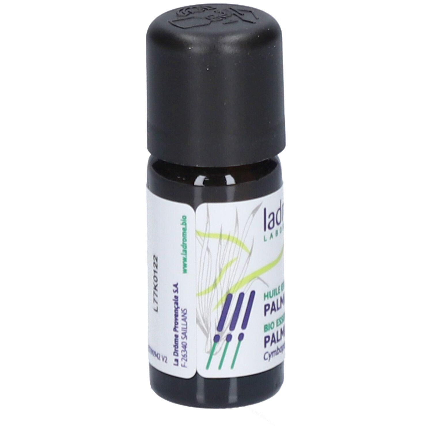 Flacon en verre brun avec bouchon noir. Étiquette avec informations et logo.