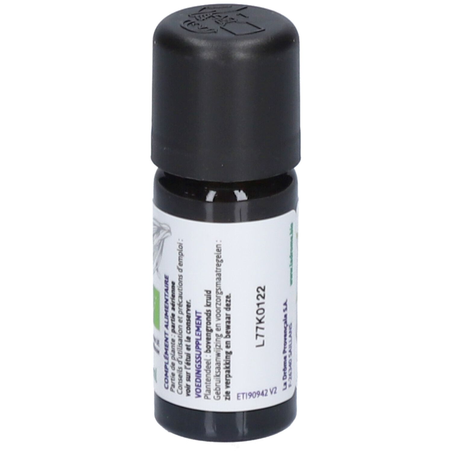 Flacon en verre brun avec bouchon noir. Étiquette avec informations et logo.