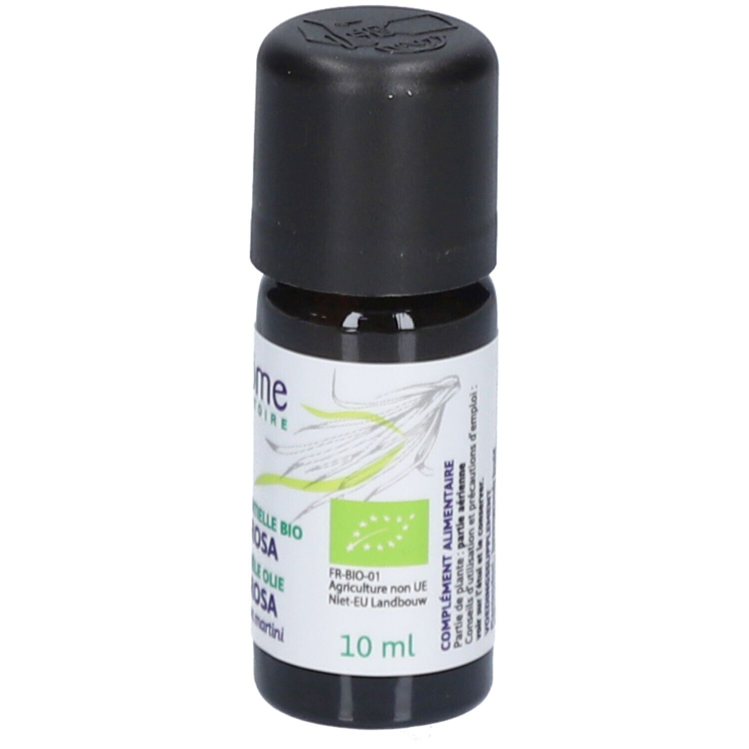 Flacon en verre brun avec bouchon noir. Étiquette et logo. 10 ml.