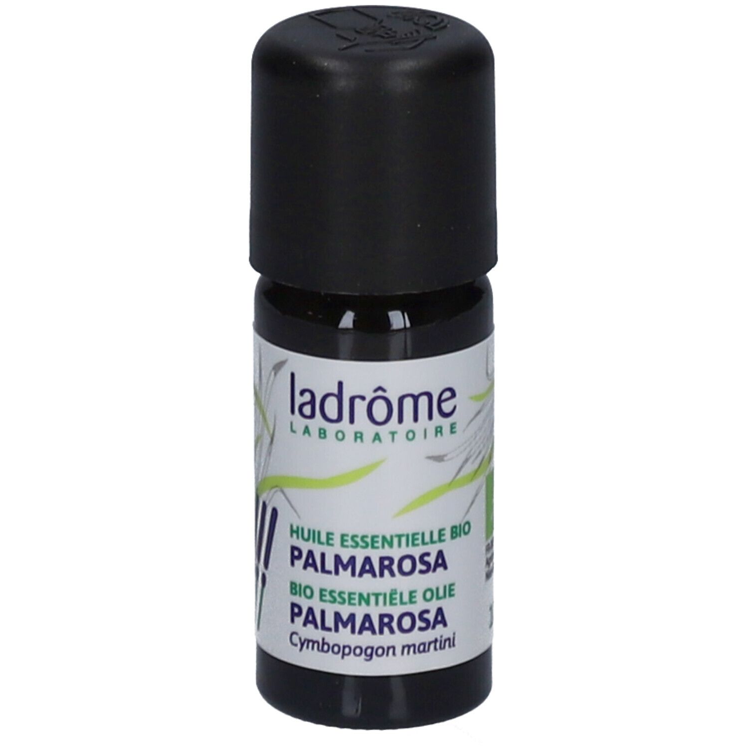 Flacon en verre brun avec bouchon noir. Étiquette avec informations et logo.