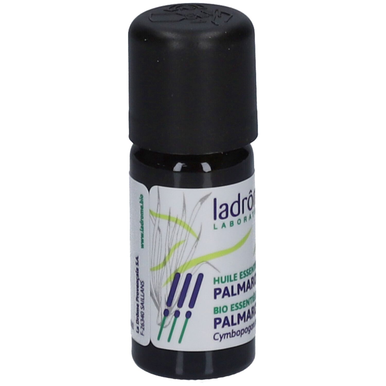 Flacon en verre brun avec bouchon noir. Étiquette avec informations et logo.