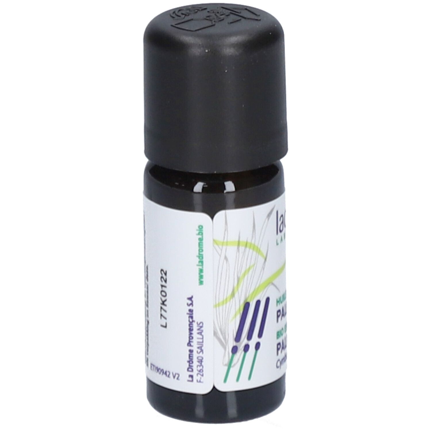 Flacon en verre brun avec bouchon noir. Étiquette avec informations et logo.