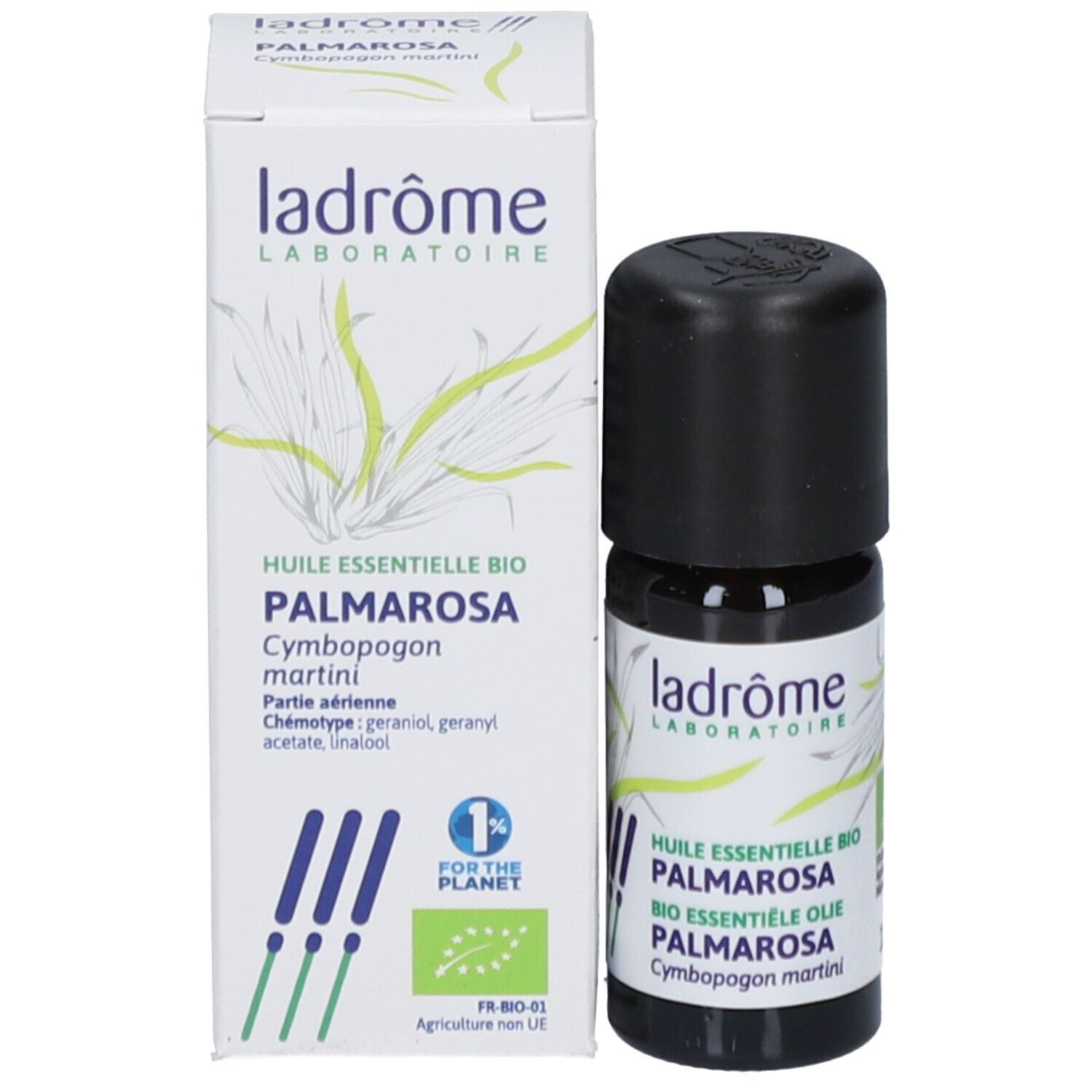 Flacon en verre brun avec bouchon noir et emballage. Étiquette et logo.