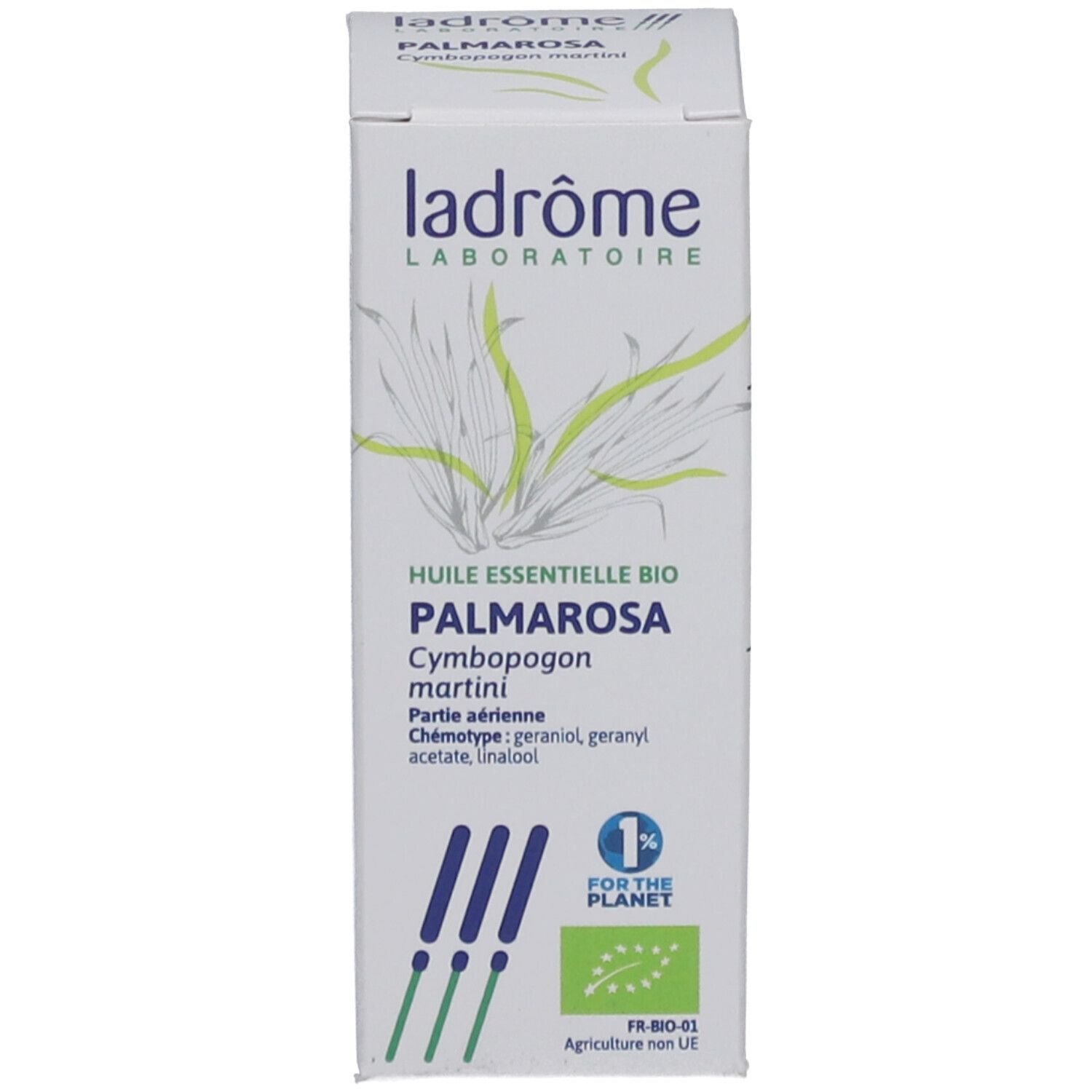 Emballage blanc avec informations et logo. Certification bio verte.