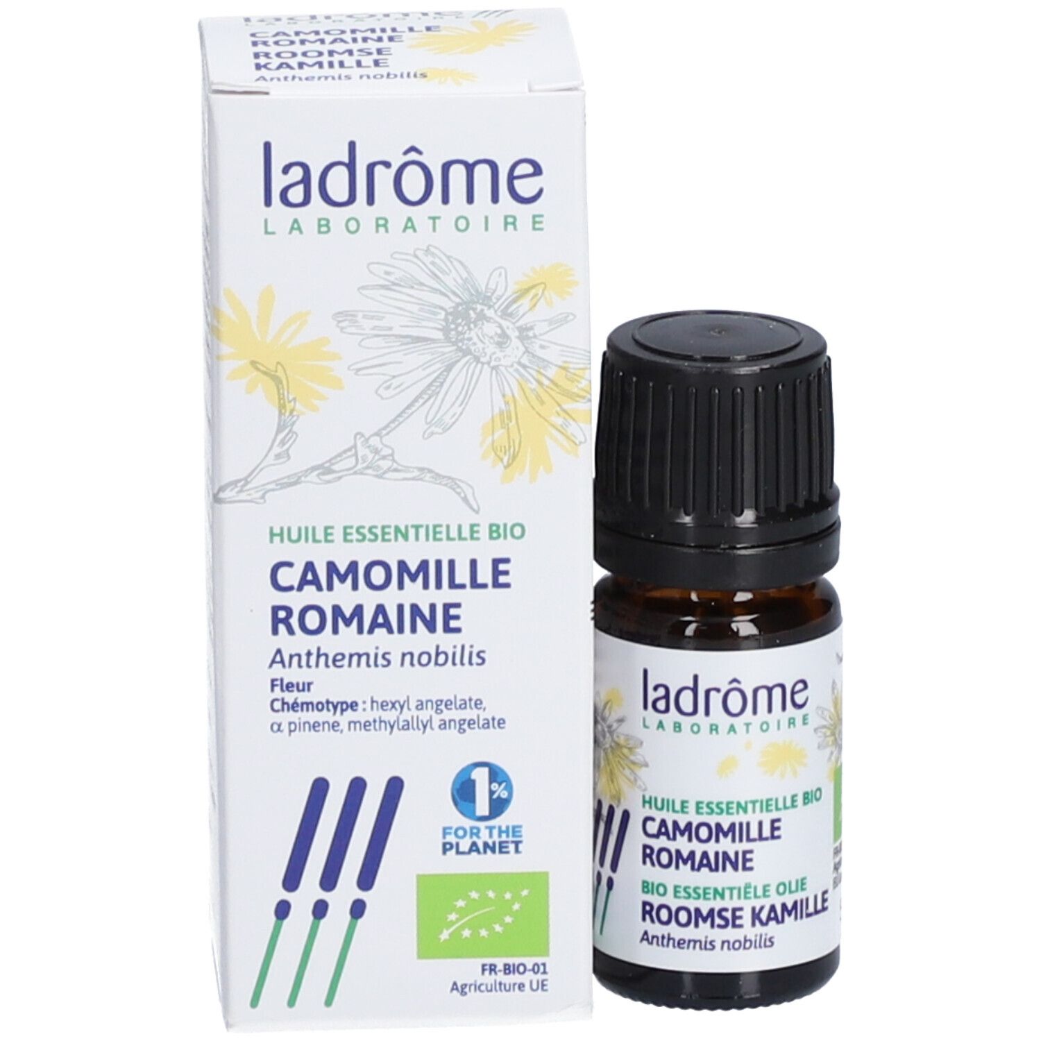 Flacon en verre brun et carton. Inscription: Ladrôme, Huile Essentielle Bio Camomille Romaine. Avec label bio.