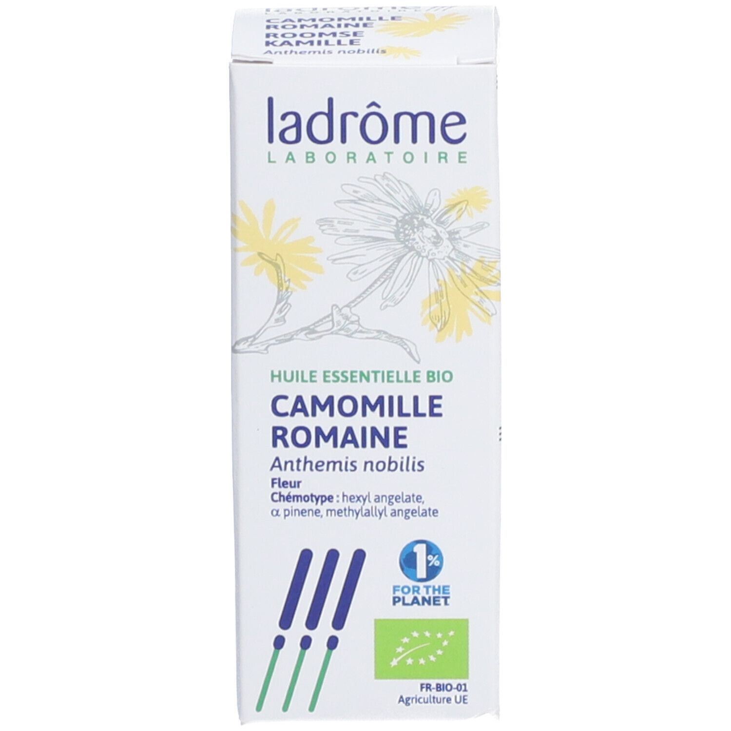 Boîte avec inscription: Ladrôme, Huile Essentielle Bio Camomille Romaine. Avec label bio et logo.