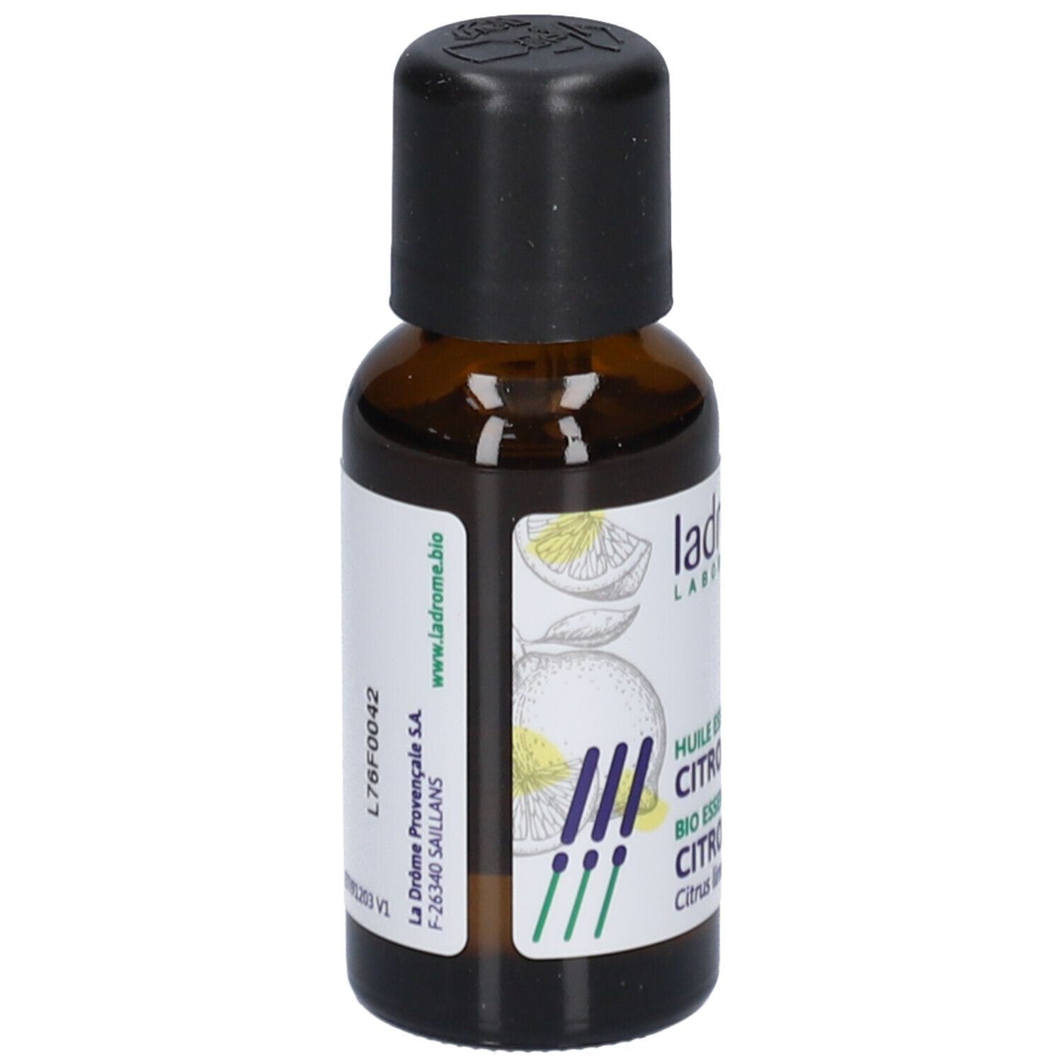 Braune Glasflasche mit schwarzem Verschluss. Etikett mit Produktinformationen und Illustrationen.