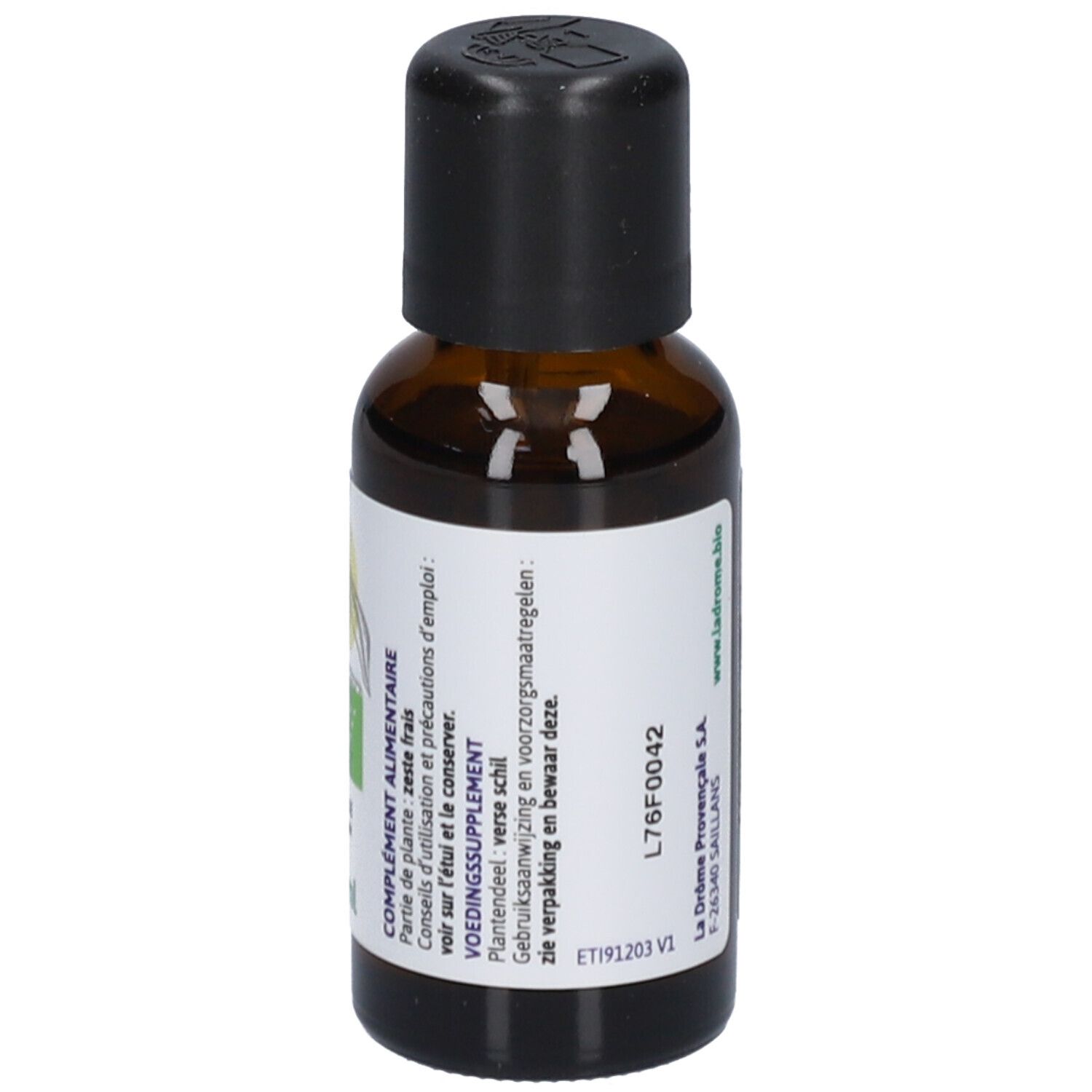 Braune Glasflasche mit schwarzem Verschluss. Etikett mit Produktinformationen und Text.