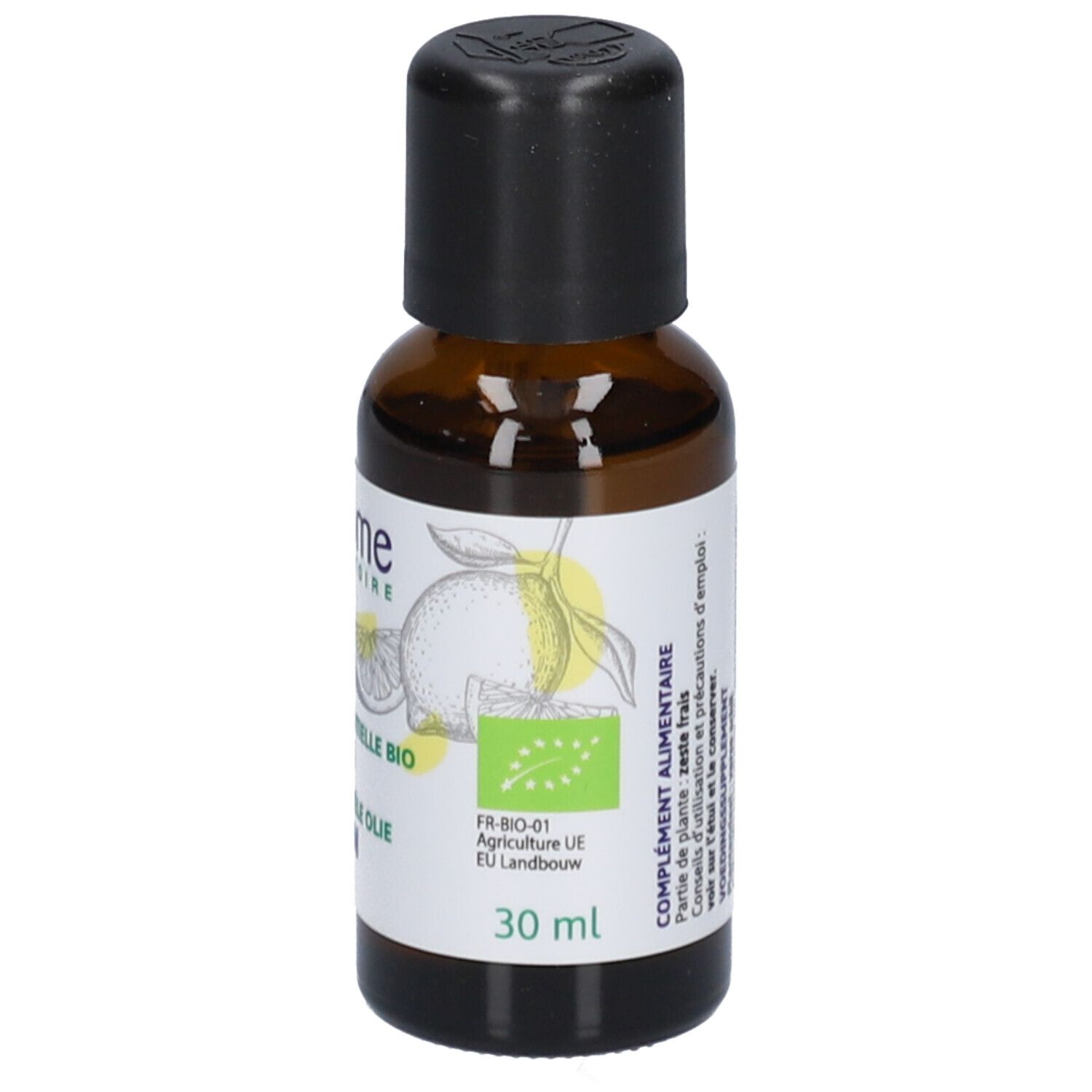 Braune Glasflasche mit schwarzem Verschluss. Etikett mit Produktinformationen und Bio-Siegel.