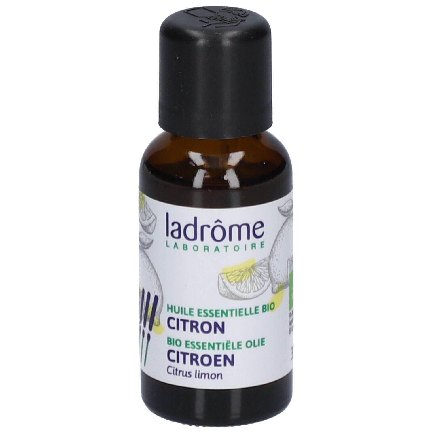 Braune Glasflasche mit schwarzem Verschluss. Etikett mit Produktnamen und Illustrationen.