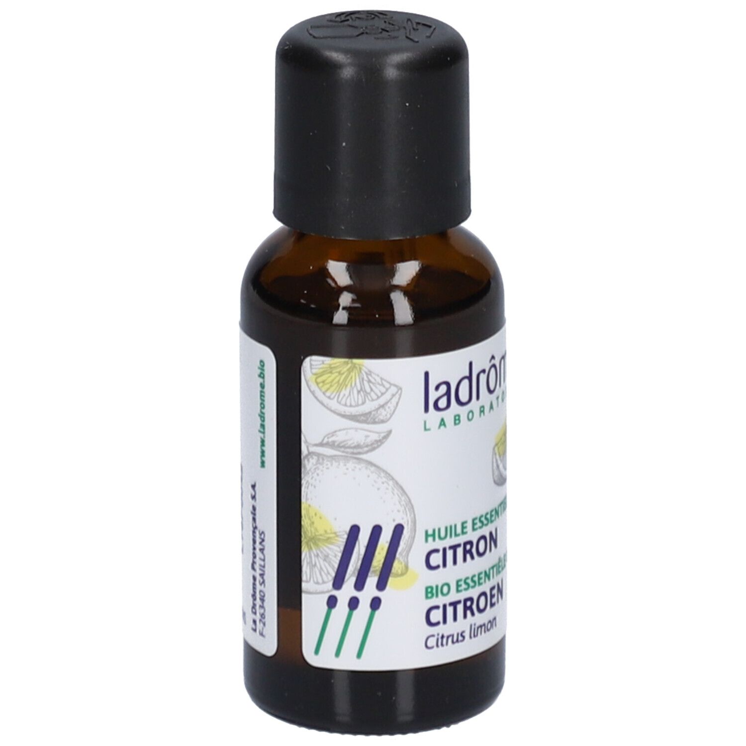 Braune Glasflasche mit schwarzem Verschluss. Etikett mit Produktnamen und Illustrationen.