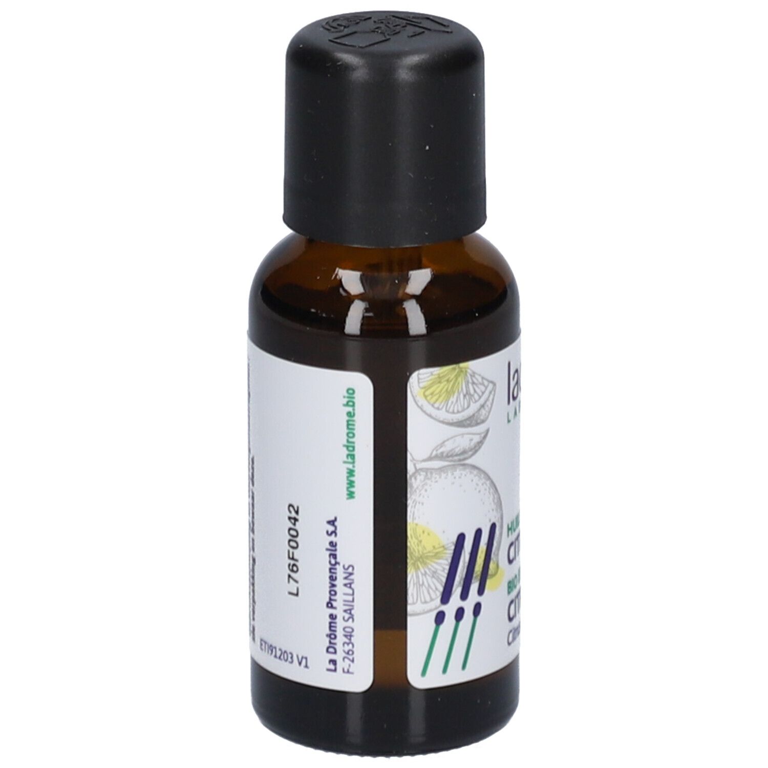 Braune Glasflasche mit schwarzem Verschluss. Etikett mit Produktinformationen und Illustrationen.