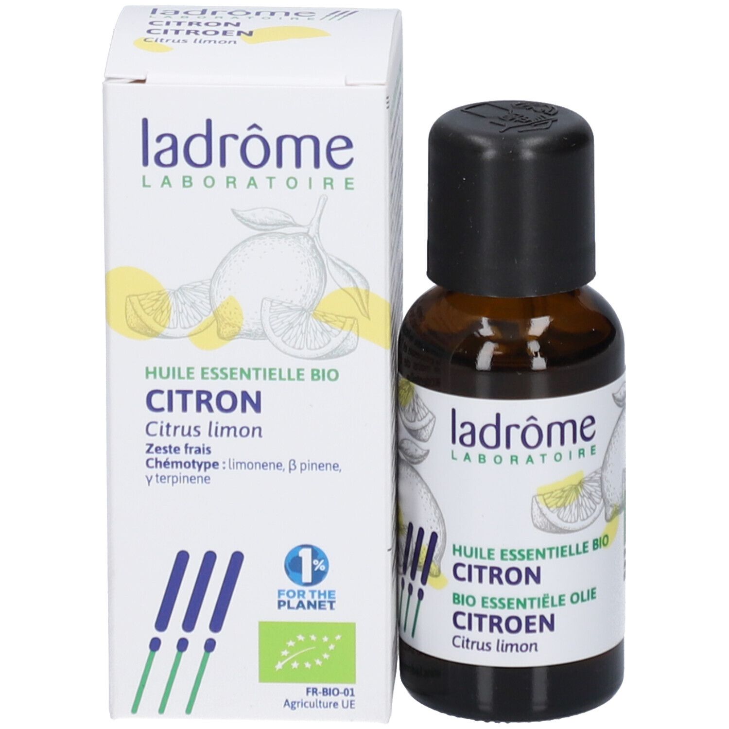 Braune Glasflasche und Karton. Flasche mit schwarzem Verschluss. Karton mit Produktinformationen.