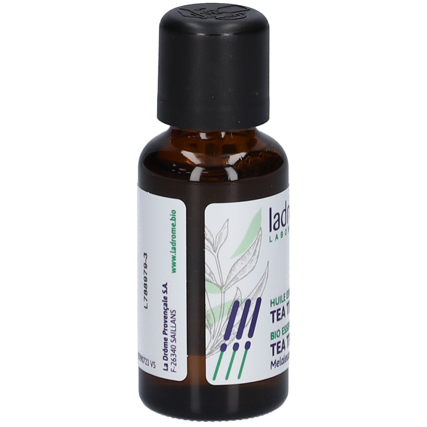 Flacon en verre brun avec bouchon noir. Étiquette "ladrôme" et "TEA TREE".