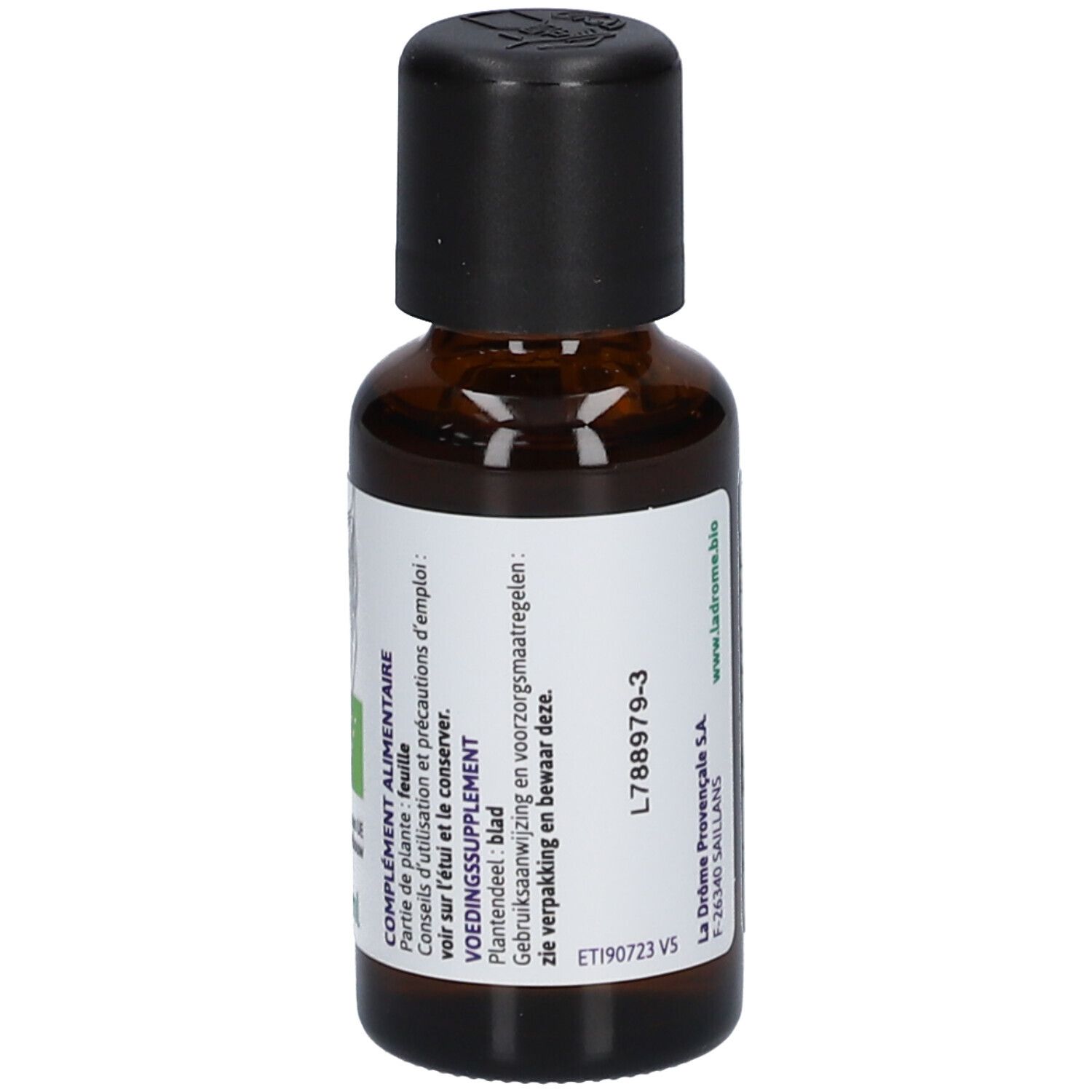 Flacon en verre brun avec bouchon noir. Étiquette avec texte et label bio.