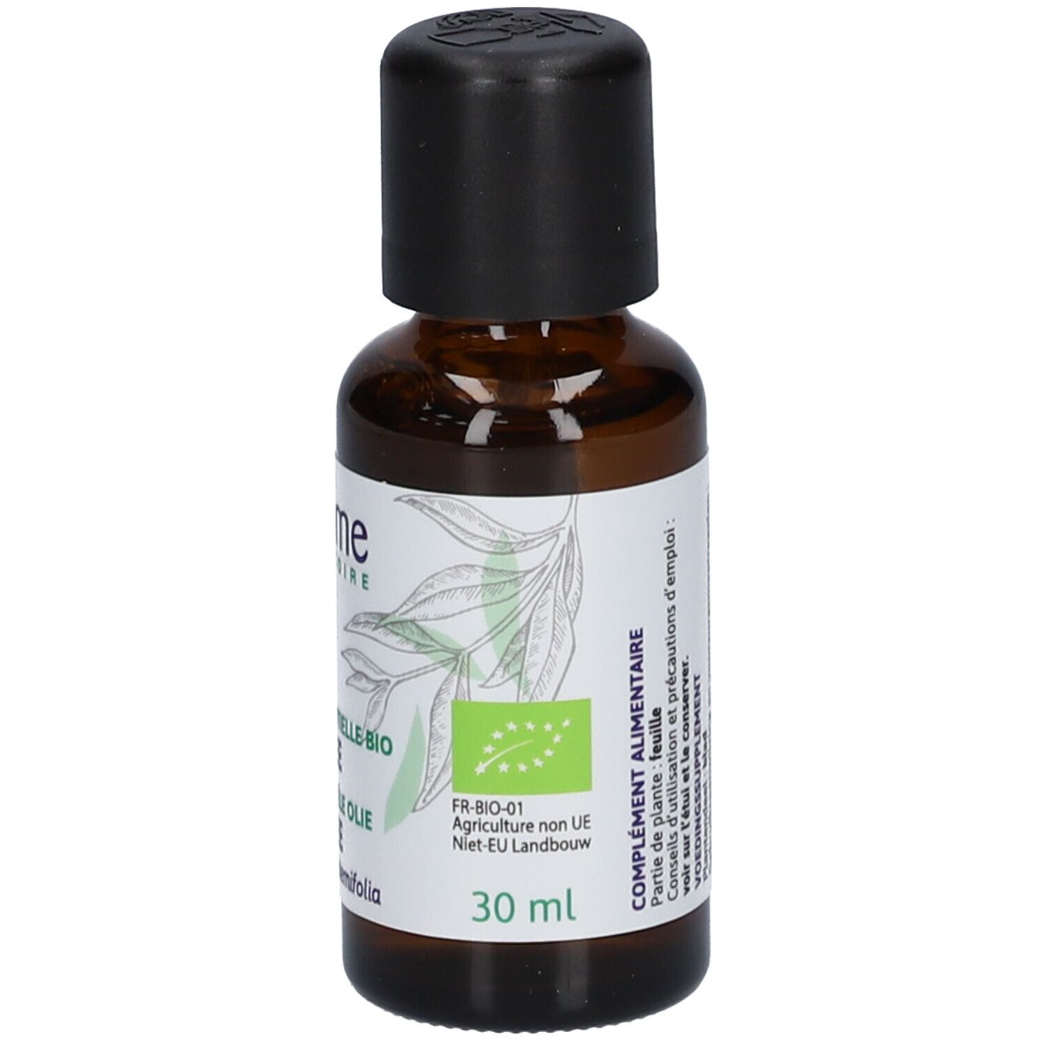 Flacon en verre brun avec bouchon noir. Étiquette "ladrôme", "TEA TREE" et label bio.