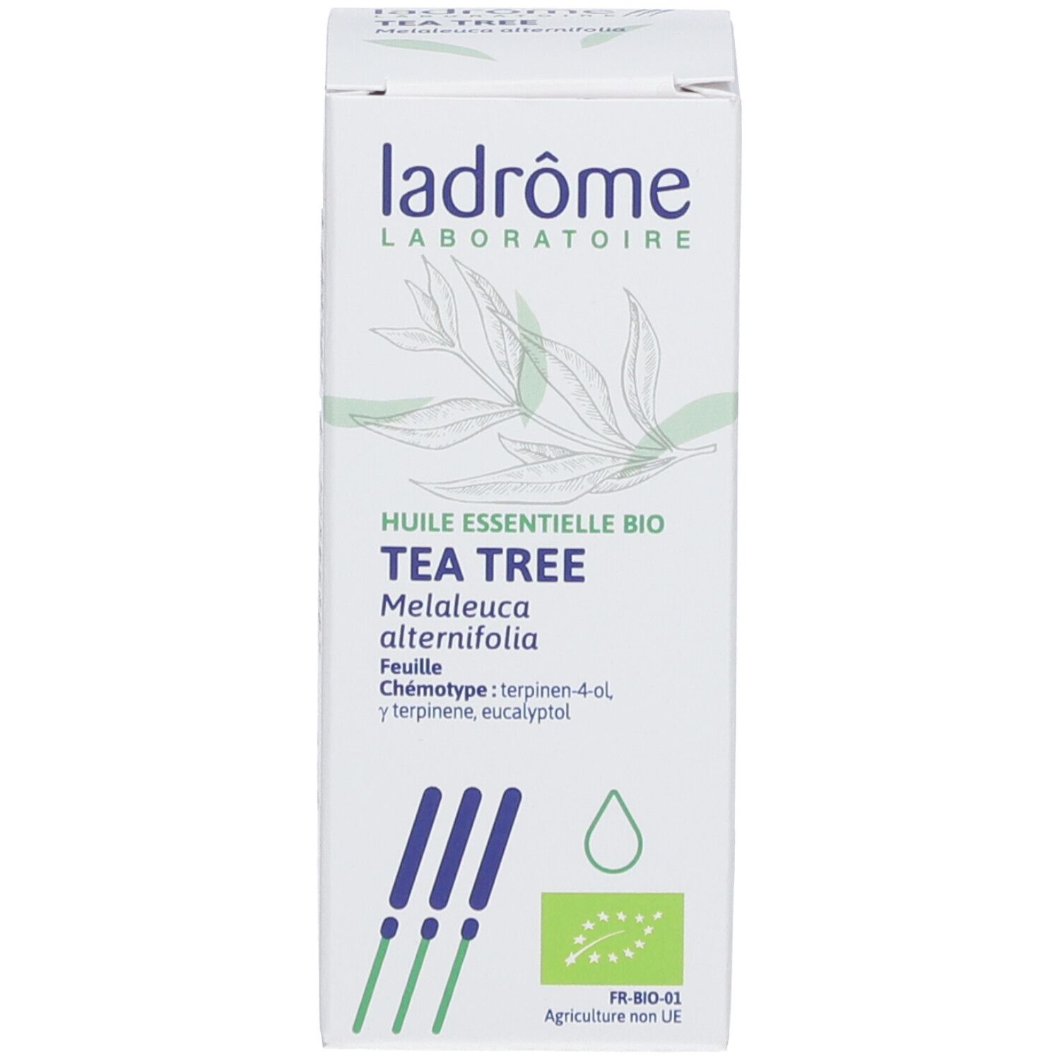 Boîte avec texte et label bio. Inscription "TEA TREE".